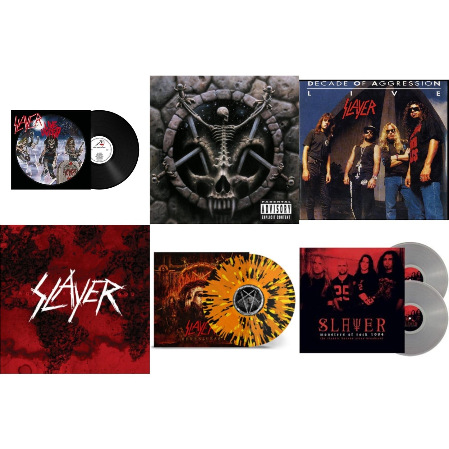 Slayer - Live Undead (180G) & Divine Intervention & Live: Decade Of Aggression & World Painted Blood & Repentless (Trans Orange Yellow Black Splatter LP Vinyl) & Monsters Of Rock 1994 (2LP/140G/Clear Vinyl)