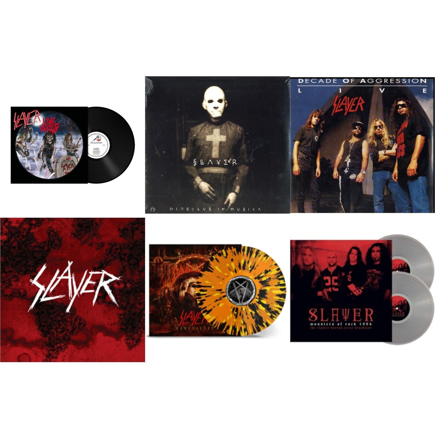 Slayer - Live Undead (180G) & Diabolus In Musica & Live: Decade Of Aggression & World Painted Blood & Repentless (Trans Orange Yellow Black Splatter LP Vinyl) & Monsters Of Rock 1994 (2LP/140G/Clear Vinyl)