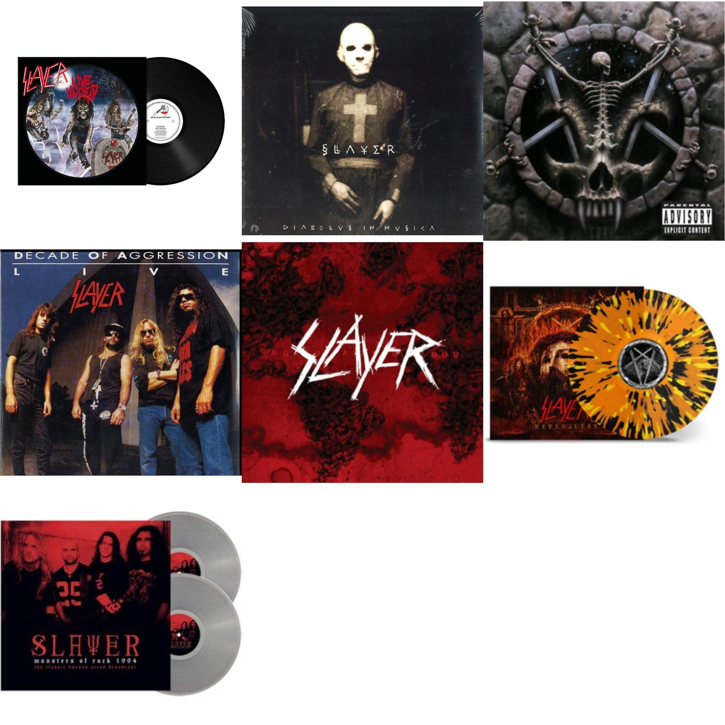 Slayer - Live Undead (180G) & Diabolus In Musica & Divine Intervention & Live: Decade Of Aggression & World Painted Blood & Repentless (Trans Orange Yellow Black Splatter LP Vinyl) & Monsters Of Rock 1994 (2LP/140G/Clear Vinyl)