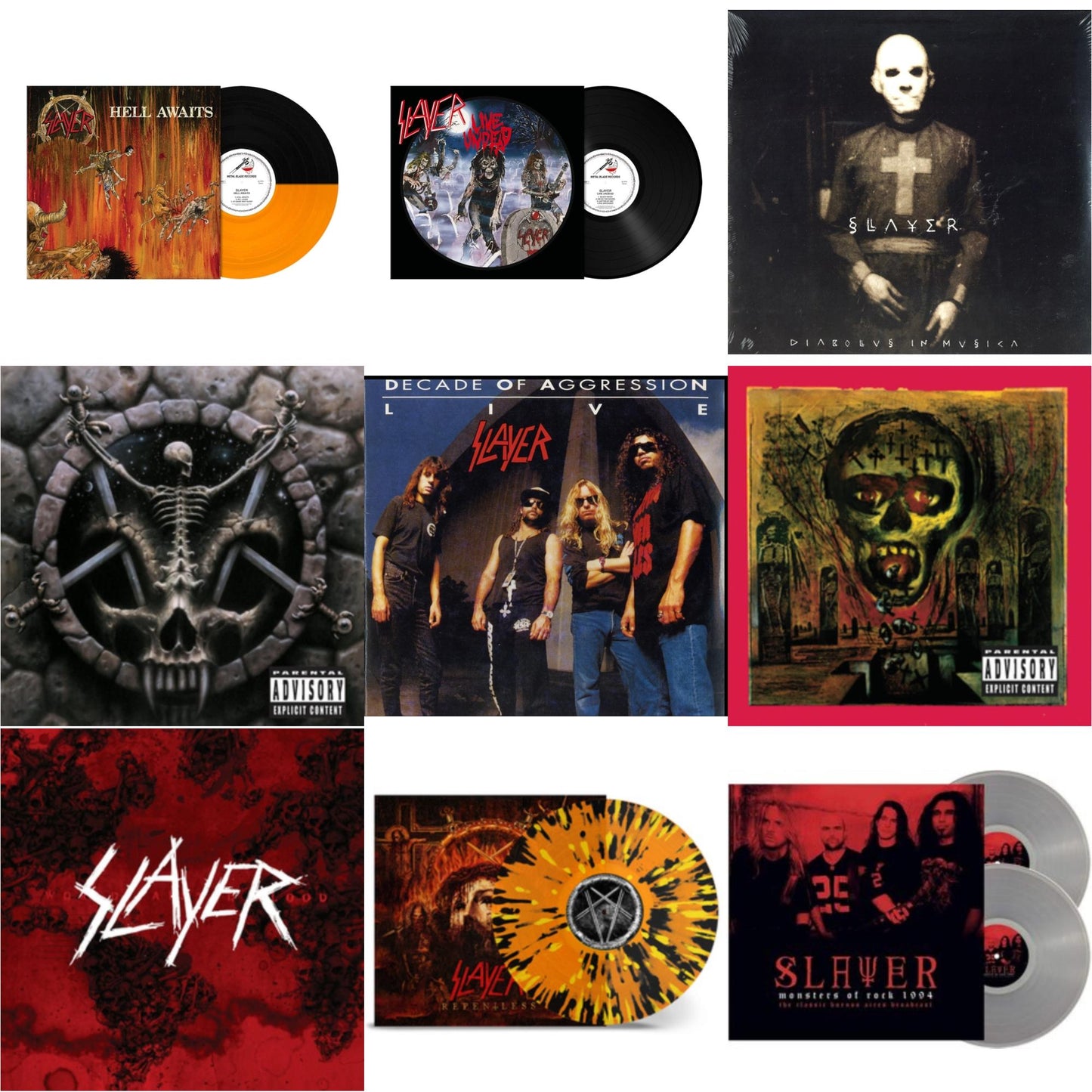 Slayer - Hell Awaits (Transparent Orange & Black Split LP Vinyl) & Live Undead (180G) & Diabolus In Musica & Divine Intervention & Live: Decade Of Aggression & Seasons In Abyss & World Painted Blood & Repentless (Trans Orange Yellow Black Splatter LP