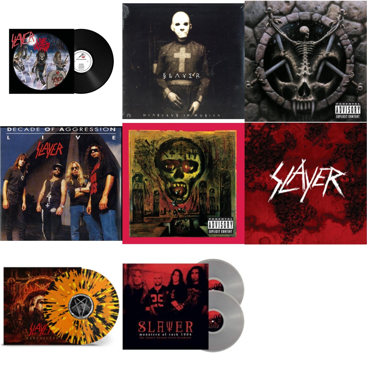 Slayer - Live Undead (180G) & Diabolus In Musica & Divine Intervention & Live: Decade Of Aggression & Seasons In Abyss & World Painted Blood & Repentless (Trans Orange Yellow Black Splatter LP Vinyl) & Monsters Of Rock 1994 (2LP/140G/Clear Vinyl)