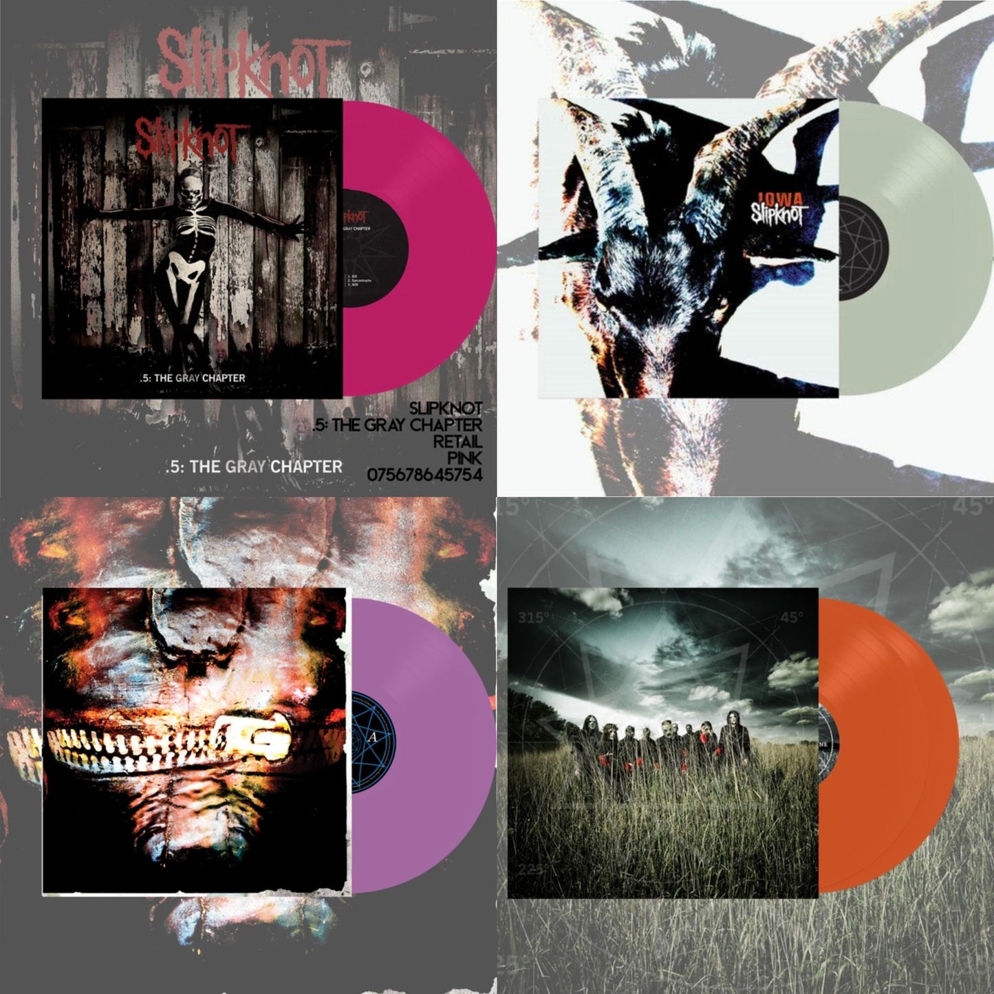 Slipknot - Iowa (X) (2LP/Color Vinyl) & Volume 3: The Subliminal Verses (X) (Violet Vinyl/2LP) & All Hope Is Gone (Orange Vinyl/2LP) & .5: The Gray Chapter (X) (Pink Vinyl/2LP)