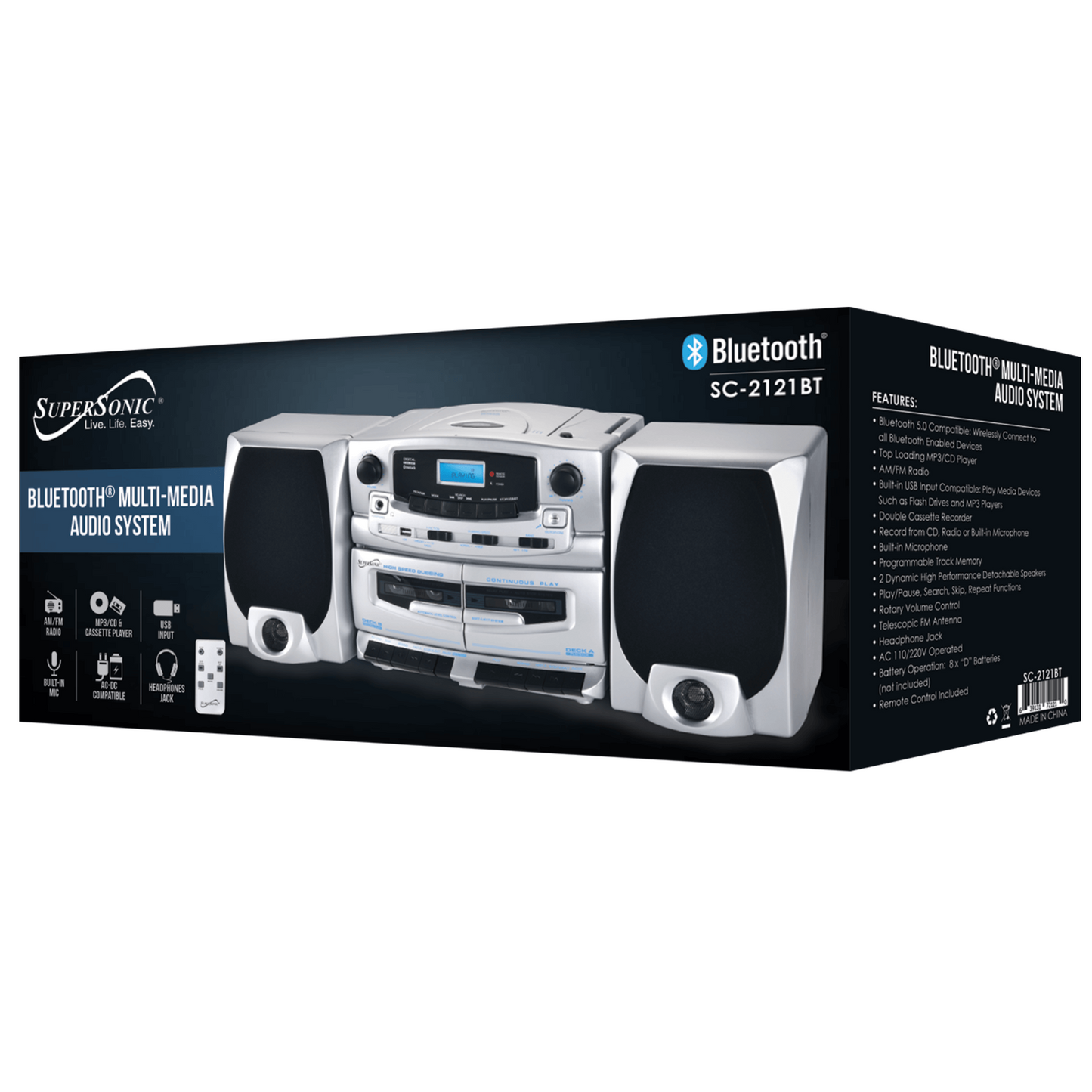 Supersonic Bluetooth Audio System with Double Cassette Recorder & Built-In Mic (SC-2121BT)