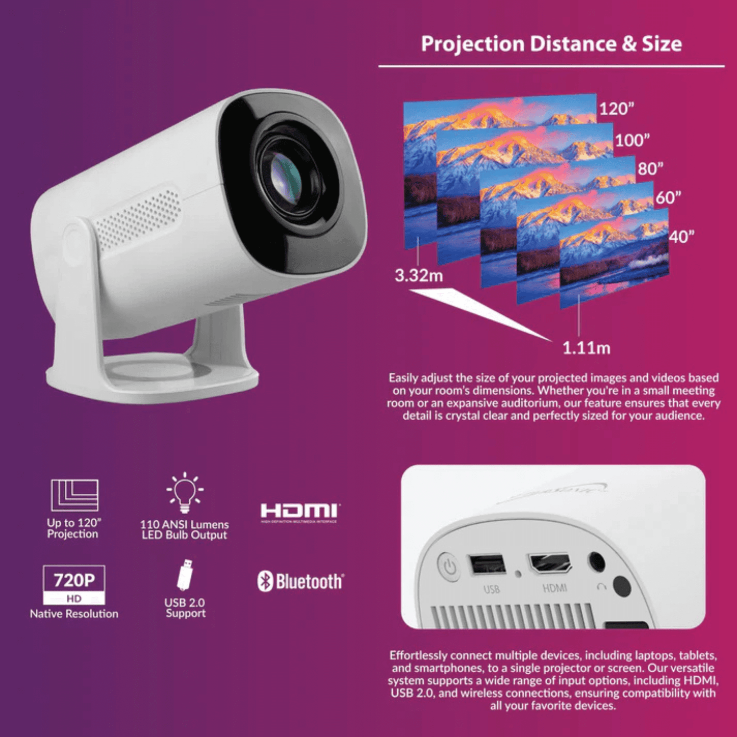 Supersonic Smart WiFi Streaming Projector with Bluetooth