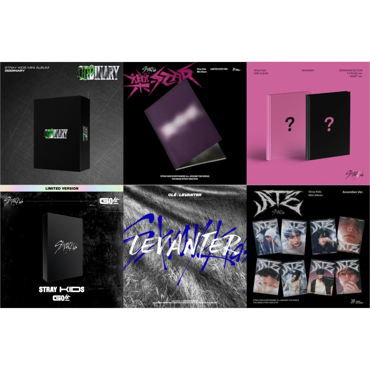 Stray Kids - Oddinary (Scanning Version/Mask Off Version/Normal Edition) & Rock-Star (Limited Star Ver.) & Maxident (T-Crush Version/Heart Version) & Go: Volume 1 (Normal Edition) & Cle: Levanter (Mini Album) (Normal Edition) & Ate (Accordion Ver.) -