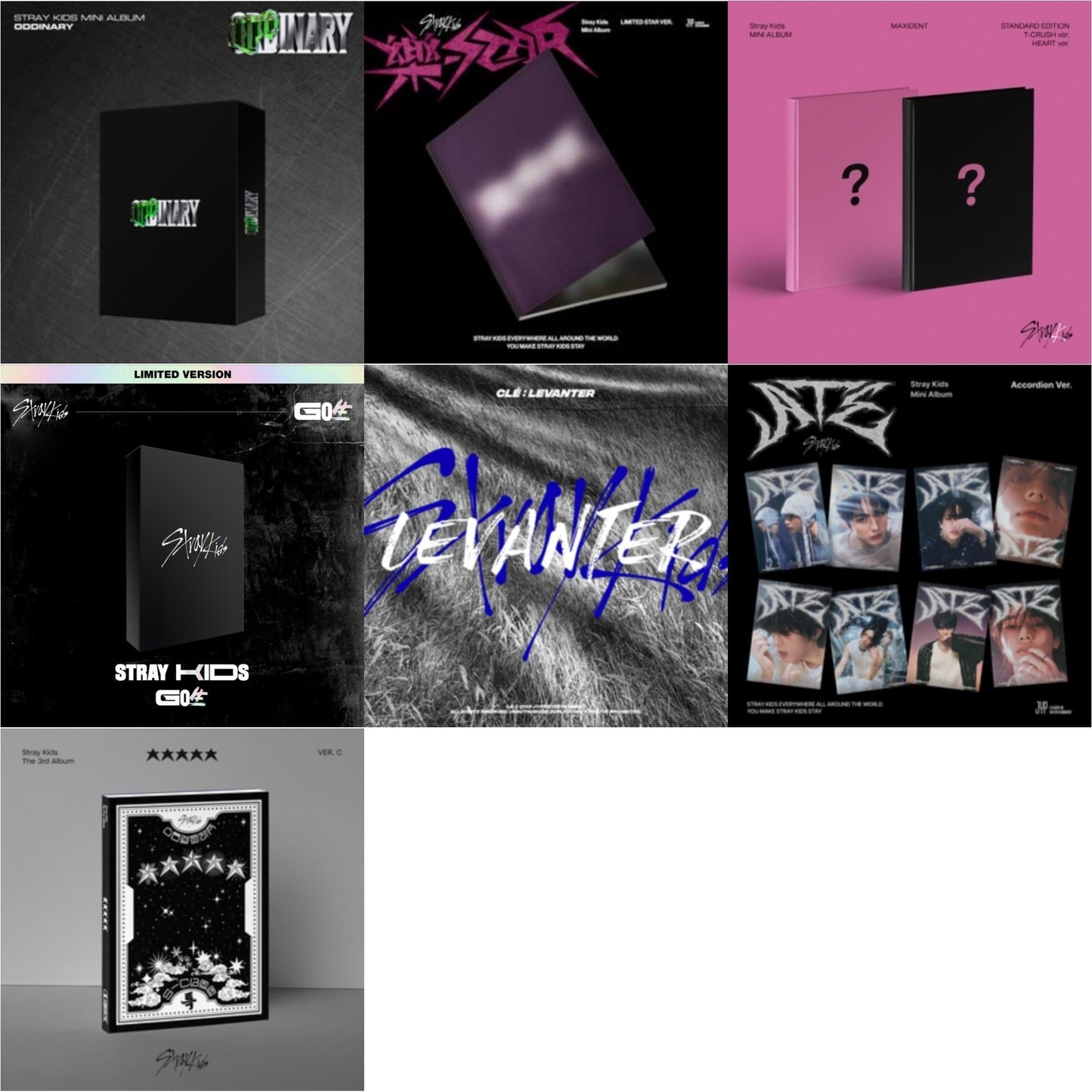Stray Kids - Oddinary (Scanning Version/Mask Off Version/Normal Edition) & Rock-Star (Limited Star Ver.) & Maxident (T-Crush Version/Heart Version) & Go: Volume 1 (Normal Edition) & Cle: Levanter (Mini Album) (Normal Edition) & Ate (Accordion Ver.) &