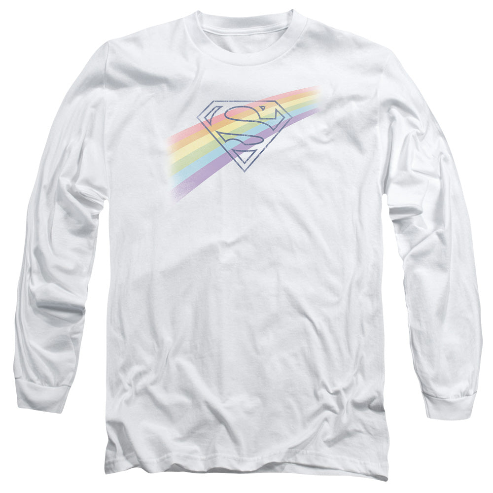 Superman Distressed Outline Mens Long Sleeve Shirt White Officially Licensed