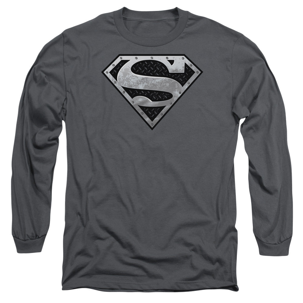 Superman Super Metallic Shield Mens Long Sleeve Shirt Charcoal Officially Licensed