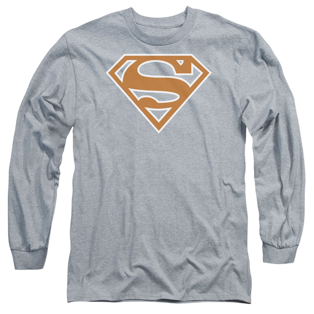 Superman Burnt Orange&White Shield Mens Long Sleeve Shirt Athletic Heather Officially Licensed