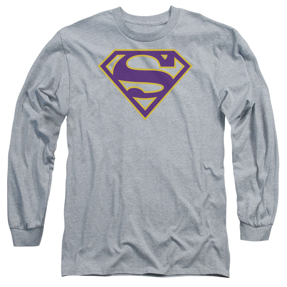 Superman Purple & Gold Shield Mens Long Sleeve Shirt Athletic Heather Officially Licensed