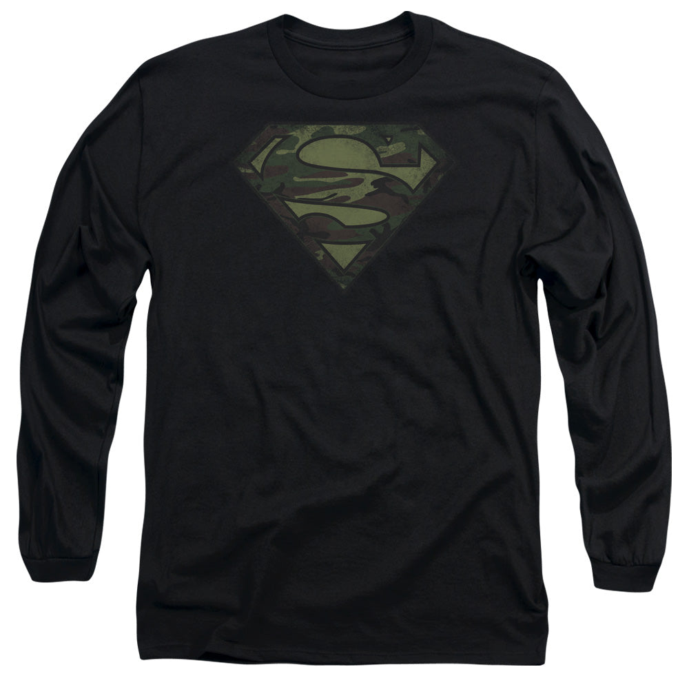 Superman Camo Logo Distressed Mens Long Sleeve Shirt Black Officially Licensed