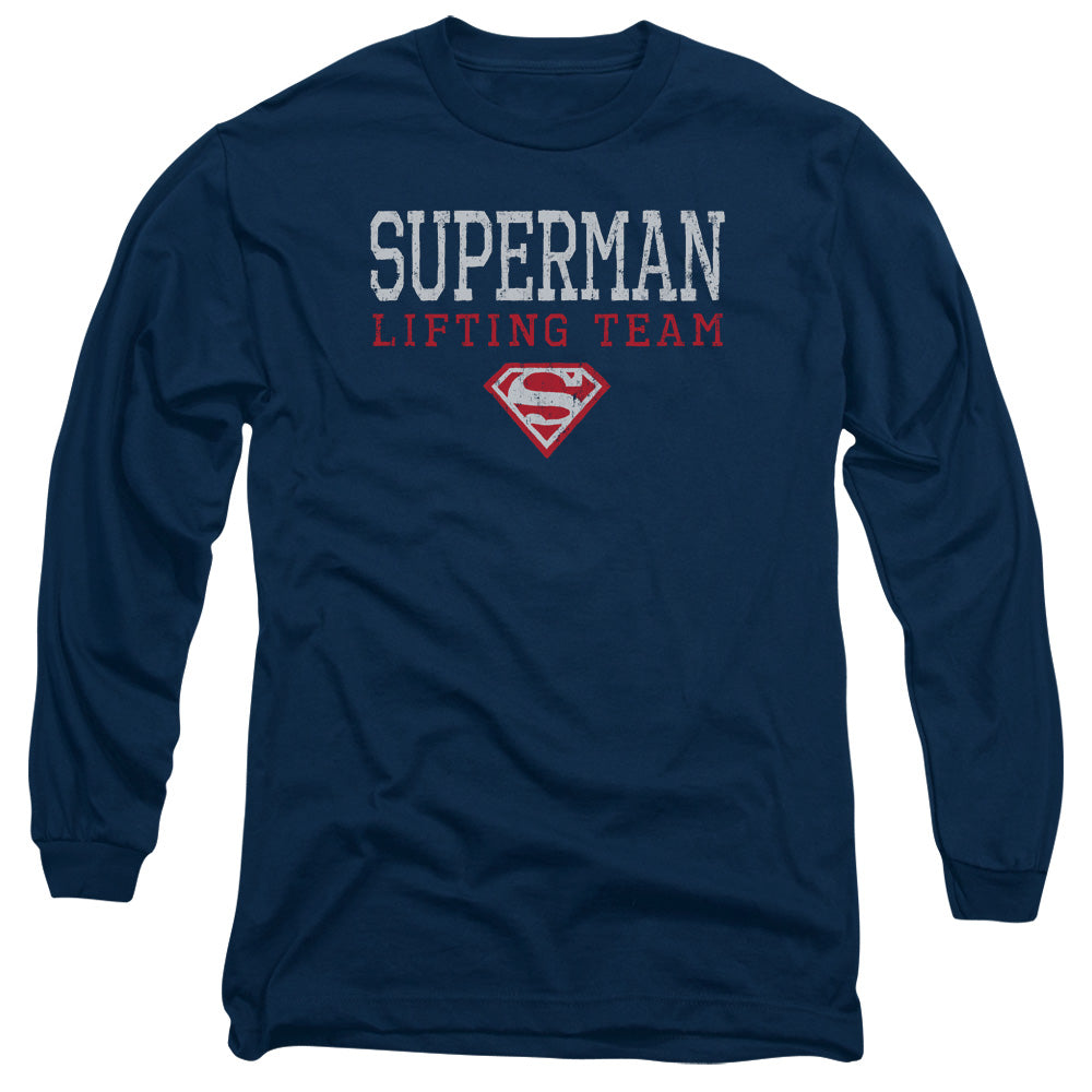 Superman Lifting Team Mens Long Sleeve Shirt Navy Officially Licensed