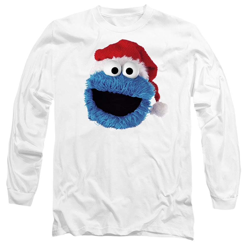 Sesame Street Cookie Monster Christmas Hat Mens Long Sleeve Shirt White Officially Licensed