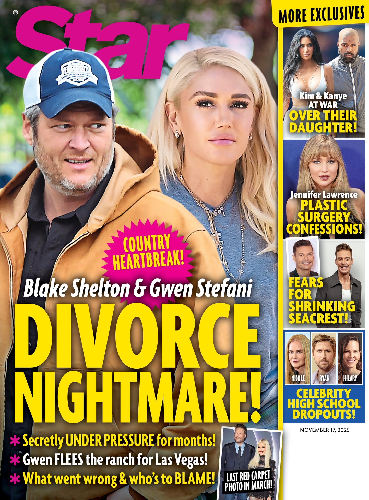 Star - 11.17.25: Blake Shelton & Gwen Stefani’s Divorce, Kim & Kanye’s Custody Battle, Jennifer Lawrence's Plastic Surgery Confessions, Ryan Seacrest Shrinking, Celebrity High School Drop Outs & More!