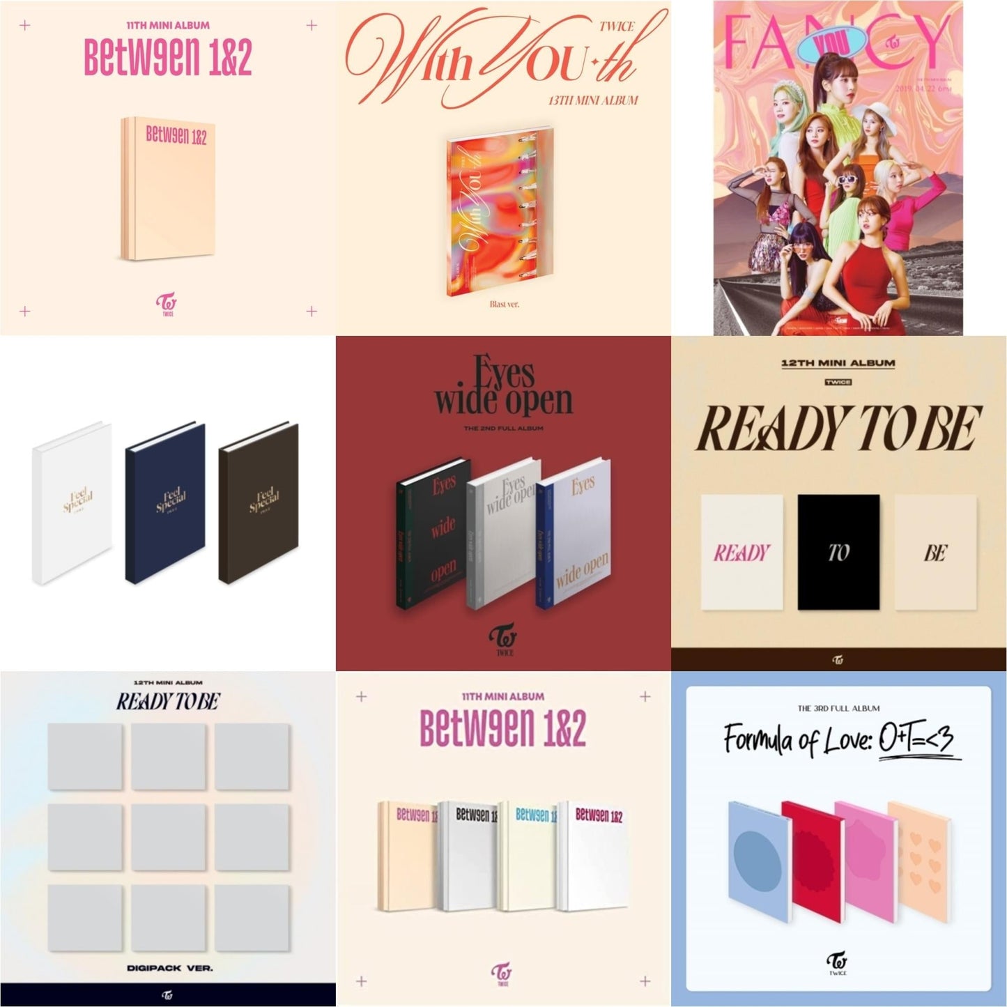 Twice - Between 1&2 (Archive Version) & With You-Th (Blast Ver.) & Fancy You (7Th Album) & Feel Special (8Th Mini Album) & Eyes Wide Open: Vol. 2 & Ready To Be (12Th Mini Album) & Ready To Be (12Th Mini Album) Digipack Version & Between 1 & 2 &
