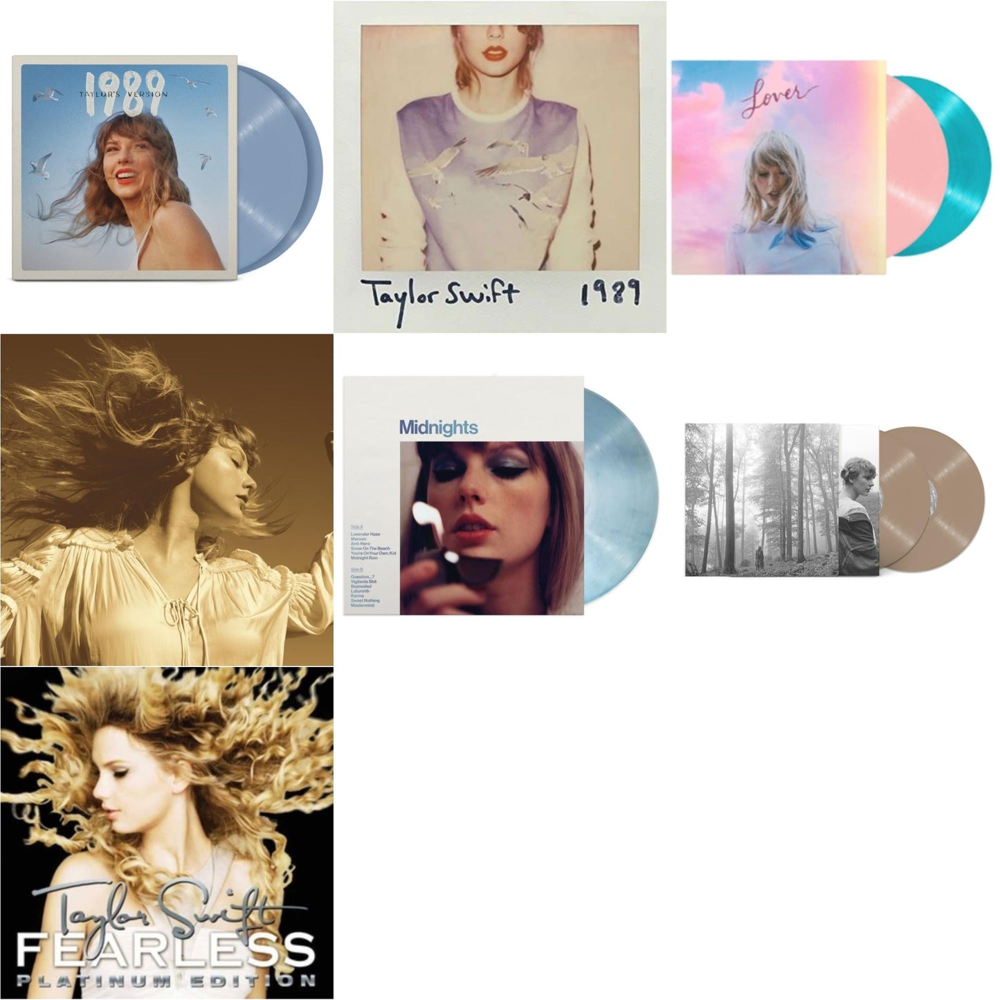 Taylor Swift - Folklore (X) (Beige Vinyl/2LP) & Fearless (Taylor's Version) (Gold Vinyl/3LP) & Midnights (X) (Moonstone Blue LP Vinyl) & 1989 (Taylor's Version) (2LP/Crystal Skies Blue Vinyl) & Lover & 1989 & Fearless Platinum Edition