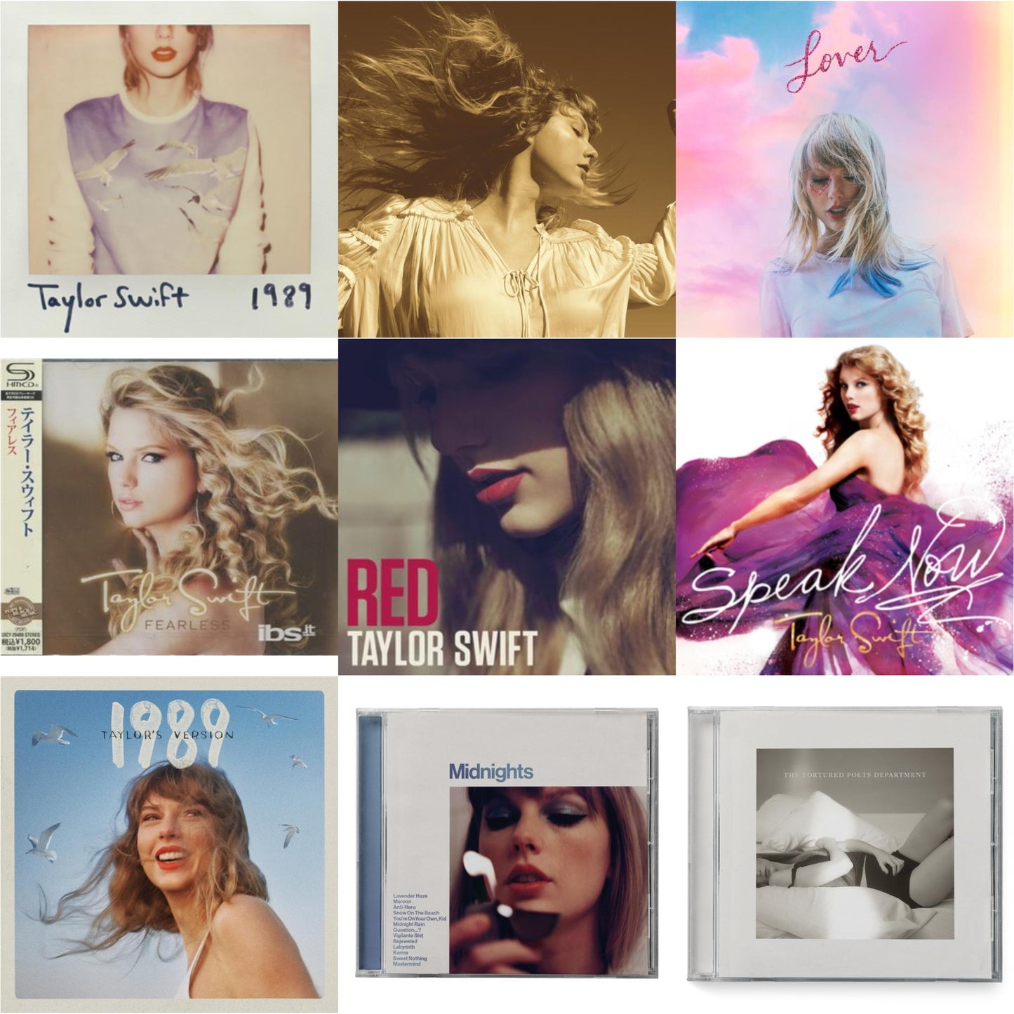 Taylor Swift - Fearless & Fearless (Taylor's Version) (2CD) & Midnights (X) (Moonstone Blue CD) & 1989 (Taylor's Version) & Tortured Poets Department (X) (Manuscript- Bonus Track) & Speak Now & Red & 1989 & Lover (Deluxe) (Version 1)