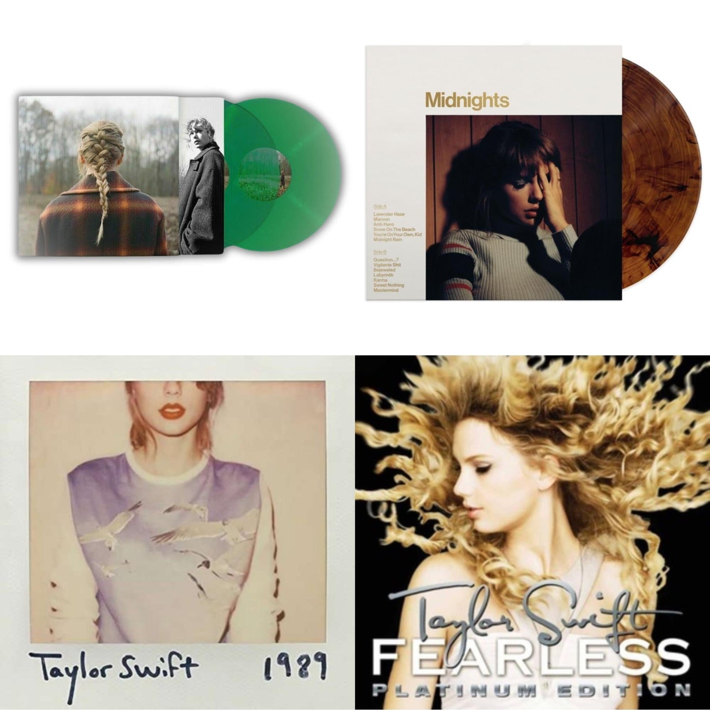 Taylor Swift - Taylor Swift - Evermore (Translucent Green Vinyl/2LP) & Midnights (X) (Mahogany Color LP Vinyl) & 1989 & Fearless Platinum Edition