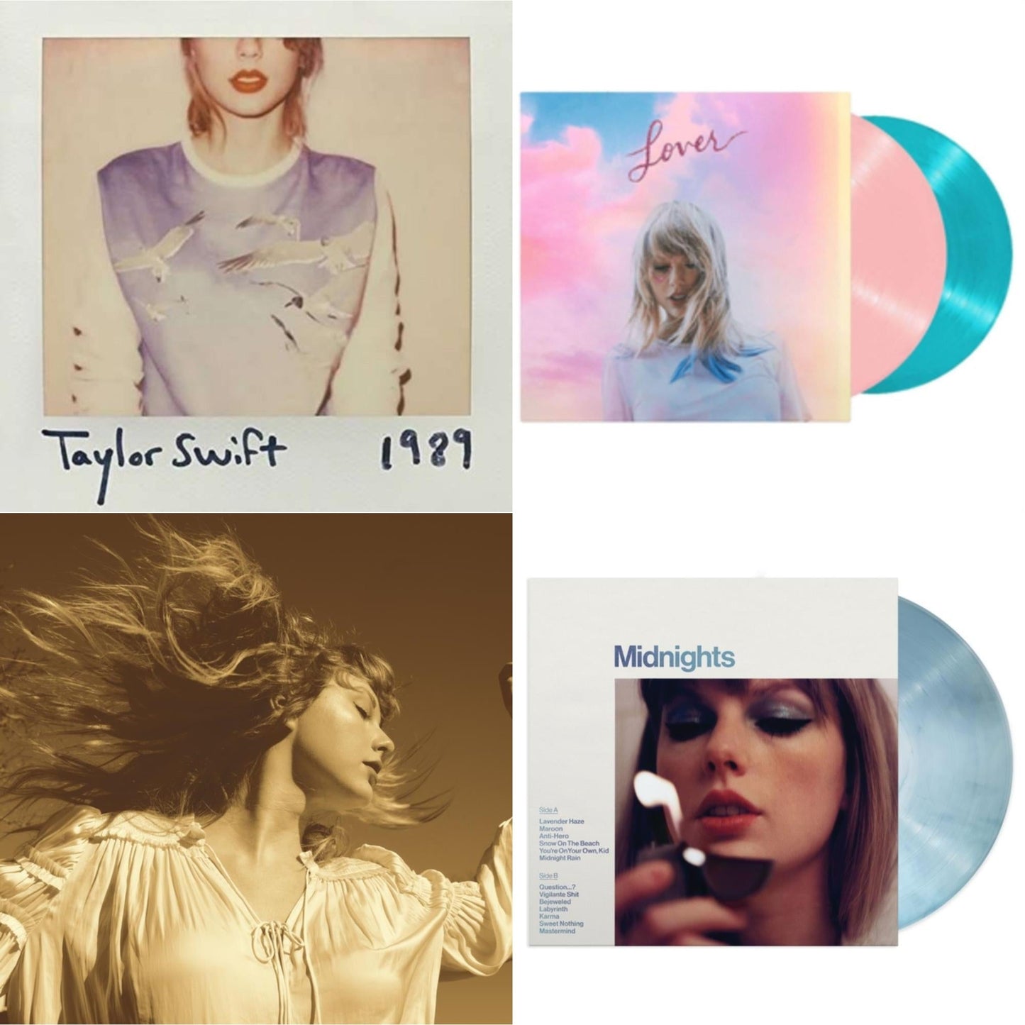 Taylor Swift - Fearless (Taylor's Version) (Gold Vinyl/3LP) & Midnights (X) (Moonstone Blue LP Vinyl) & Lover & 1989