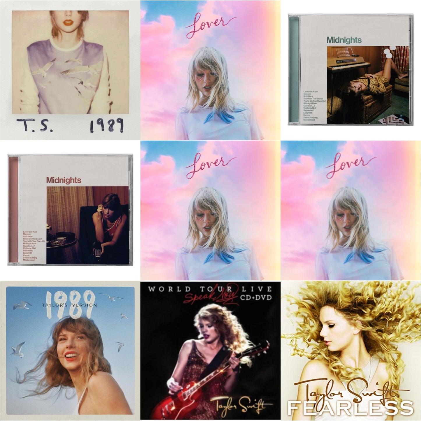 Taylor Swift - Midnights (X) (Jade Green CD) & Midnights (X) (Blood Moon CD) & 1989 (Taylor's Version) & Speak Now World Tour Live (CD/DVD) & Lover (Deluxe) (Version 1) & Lover (Deluxe) (Version 2) & Lover & Fearless & 1989