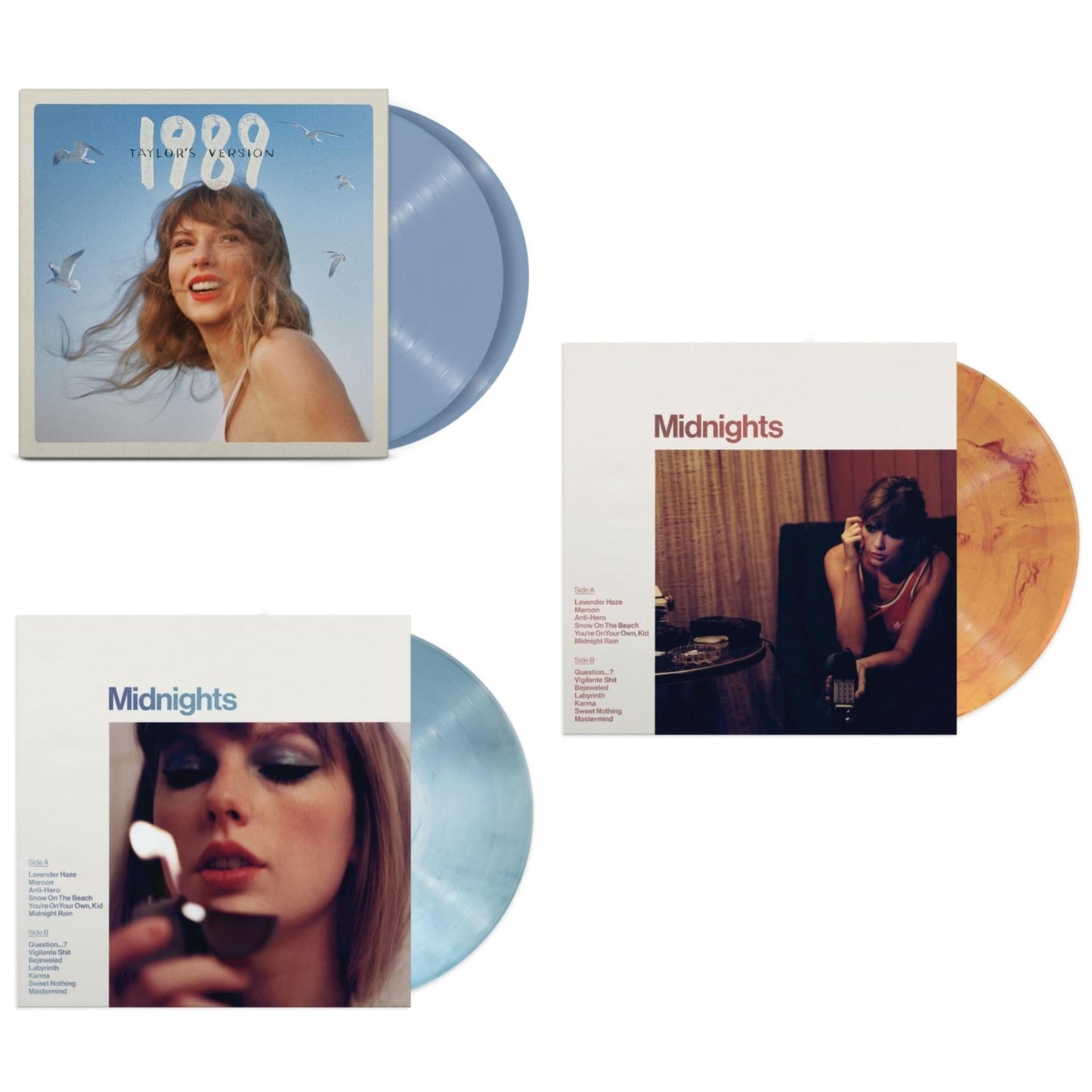 Taylor Swift - Midnights (X) (Moonstone Blue LP Vinyl) & Midnights (X) (Blood Moon LP Vinyl) & 1989 (Taylor's Version) (2LP/Crystal Skies Blue Vinyl)