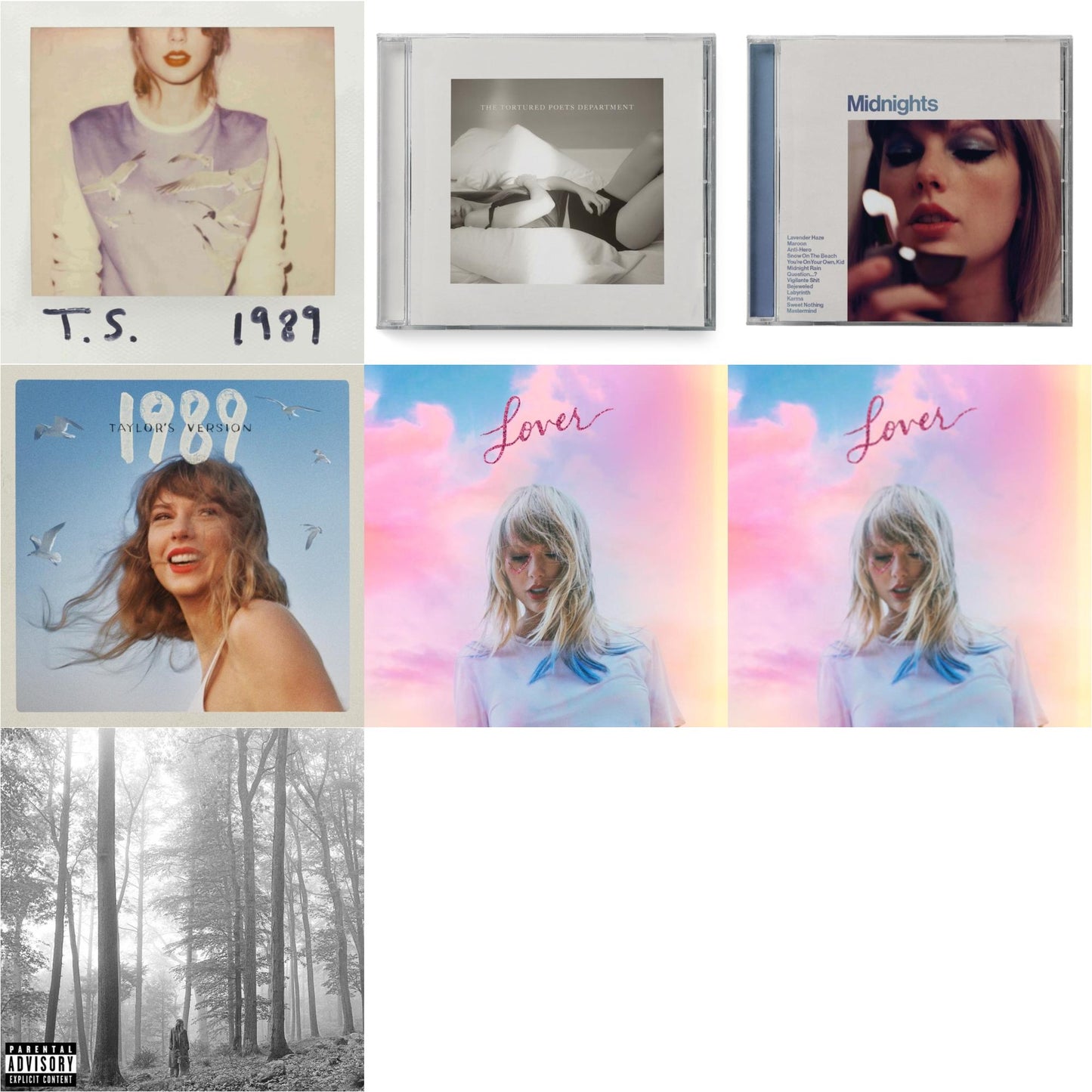 Taylor Swift - Folklore (X) & Midnights (X) (Moonstone Blue CD) & 1989 (Taylor's Version) & Tortured Poets Department (X) (Manuscript- Bonus Track) & Lover (Deluxe) (Version 2) & Lover & 1989