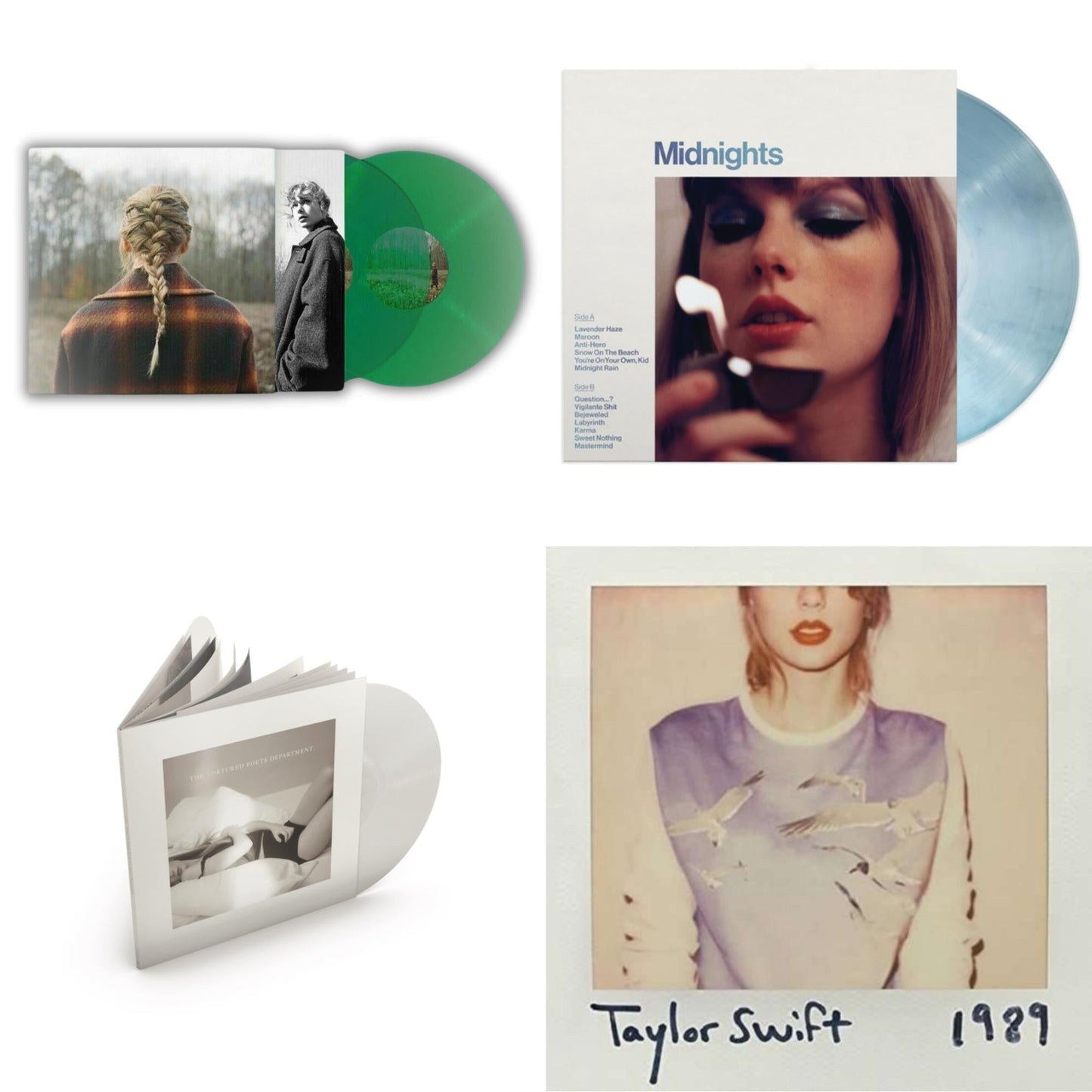 Taylor Swift - Taylor Swift - Evermore (Translucent Green Vinyl/2LP) & Midnights (X) (Moonstone Blue LP Vinyl) & Tortured Poets Department (X) (Ghosted White Vinyl/2LP/Manuscript- Bonus Track) & 1989