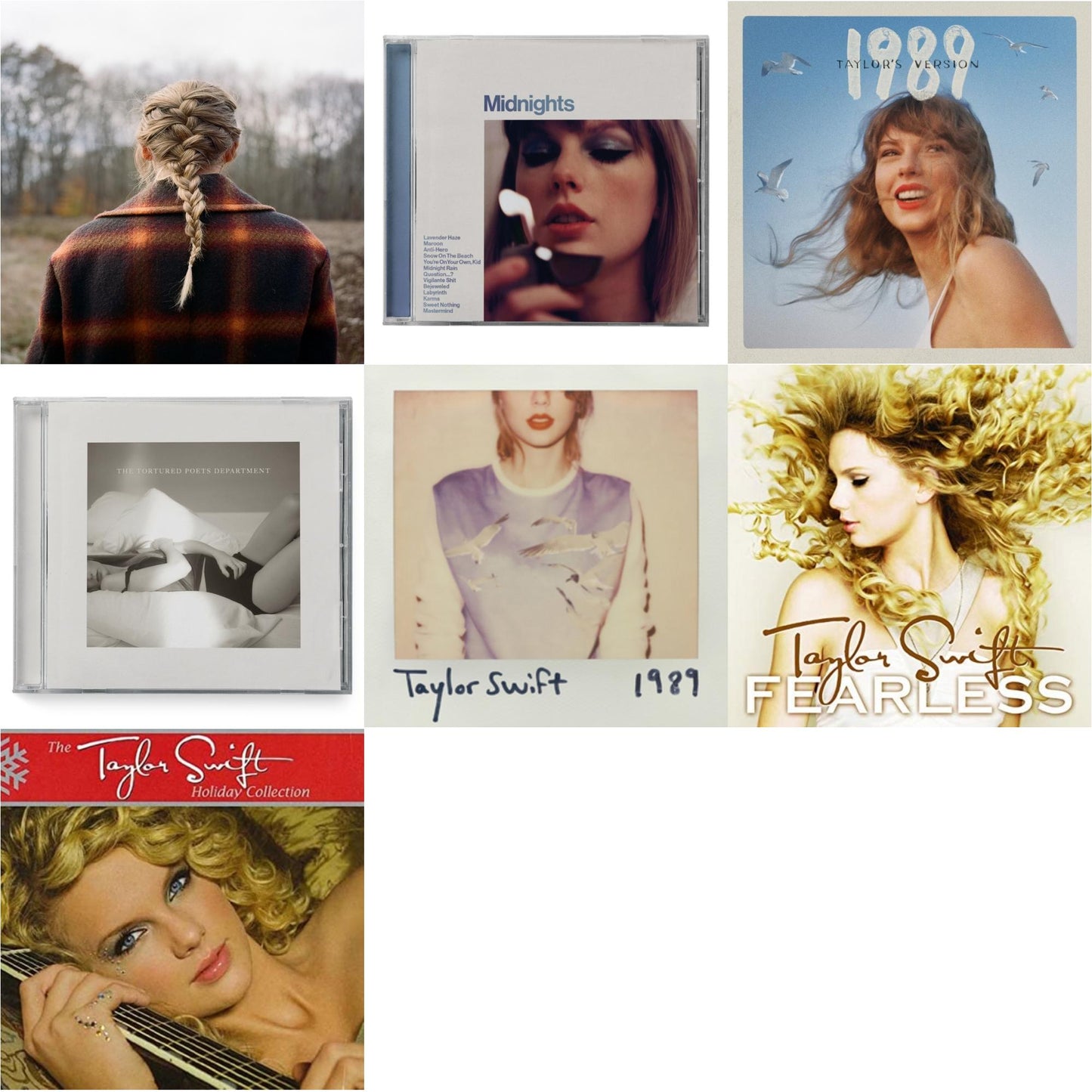 Taylor Swift - Evermore (Edited) & Midnights (X) (Moonstone Blue CD) & 1989 (Taylor's Version) & Tortured Poets Department (X) (Manuscript- Bonus Track) & 1989 & Fearless & Holiday Collection