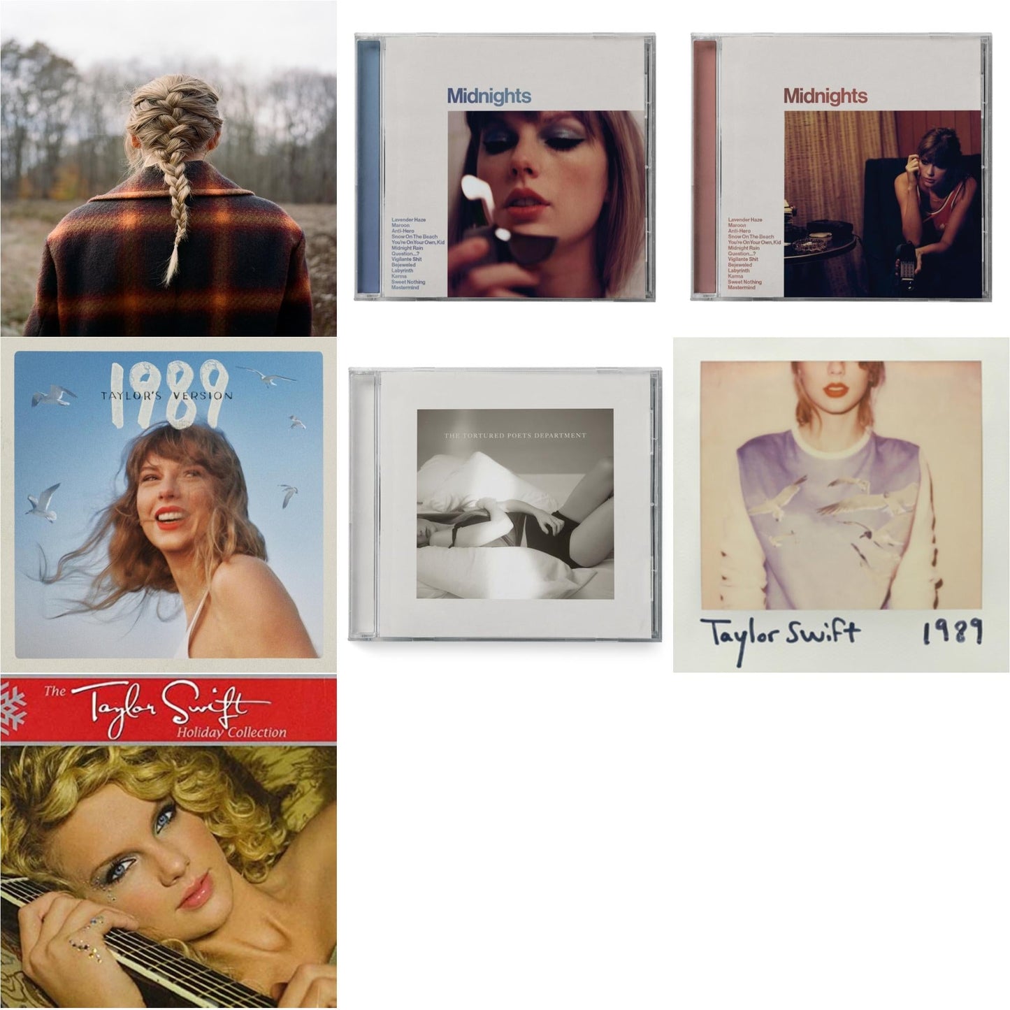 Taylor Swift - Evermore (Edited) & Midnights (X) (Moonstone Blue CD) & Midnights (X) (Blood Moon CD) & 1989 (Taylor's Version) & Tortured Poets Department (X) (Manuscript- Bonus Track) & 1989 & Holiday Collection