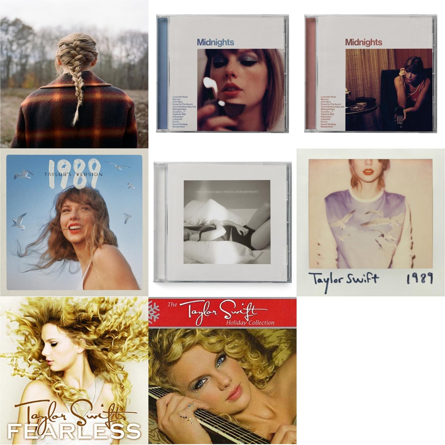 Taylor Swift - Evermore (Edited) & Midnights (X) (Moonstone Blue CD) & Midnights (X) (Blood Moon CD) & 1989 (Taylor's Version) & Tortured Poets Department (X) (Manuscript- Bonus Track) & 1989 & Fearless & Holiday Collection