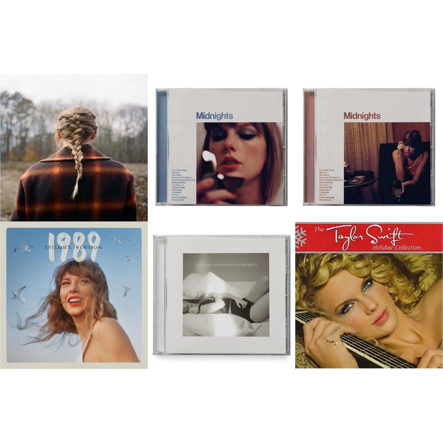 Taylor Swift - Evermore (Edited) & Midnights (X) (Moonstone Blue CD) & Midnights (X) (Blood Moon CD) & 1989 (Taylor's Version) & Tortured Poets Department (X) (Manuscript- Bonus Track) & Holiday Collection
