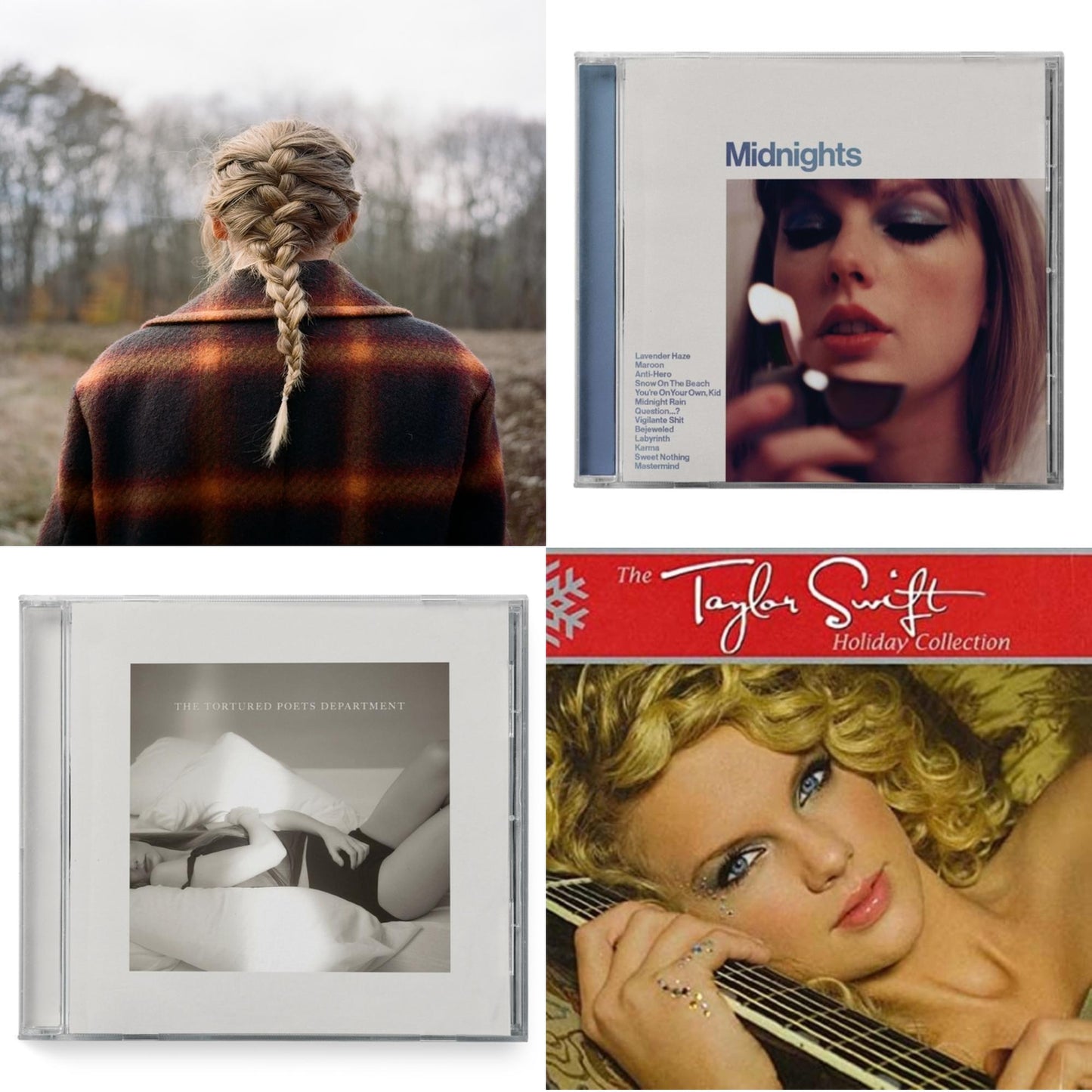 Taylor Swift - Evermore (Edited) & Midnights (X) (Moonstone Blue CD) & Tortured Poets Department (X) (Manuscript- Bonus Track) & Holiday Collection