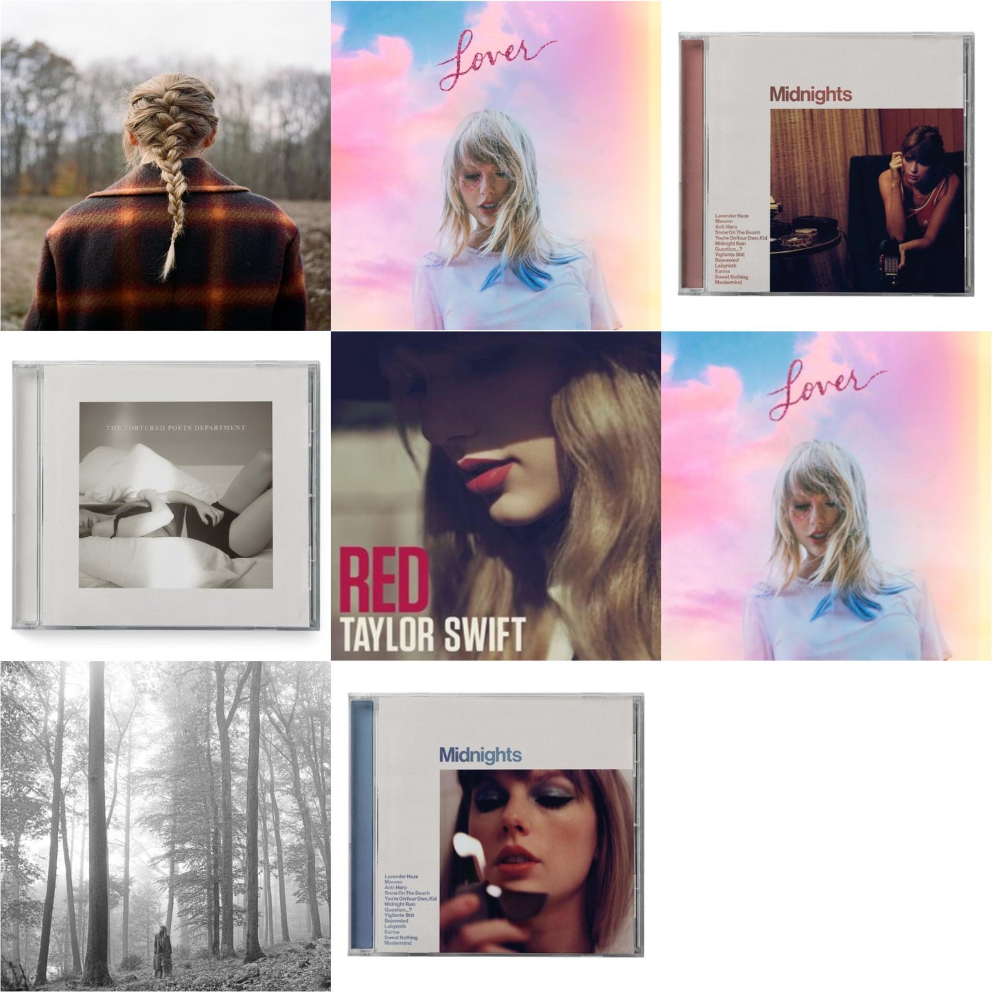 Taylor Swift - Folklore (Edited) & Evermore (X) & Midnights (X) (Moonstone Blue CD) & Midnights (X) (Blood Moon CD) & Tortured Poets Department (X) (Manuscript- Bonus Track) & Red & Lover (Deluxe) (Version 1) & Lover