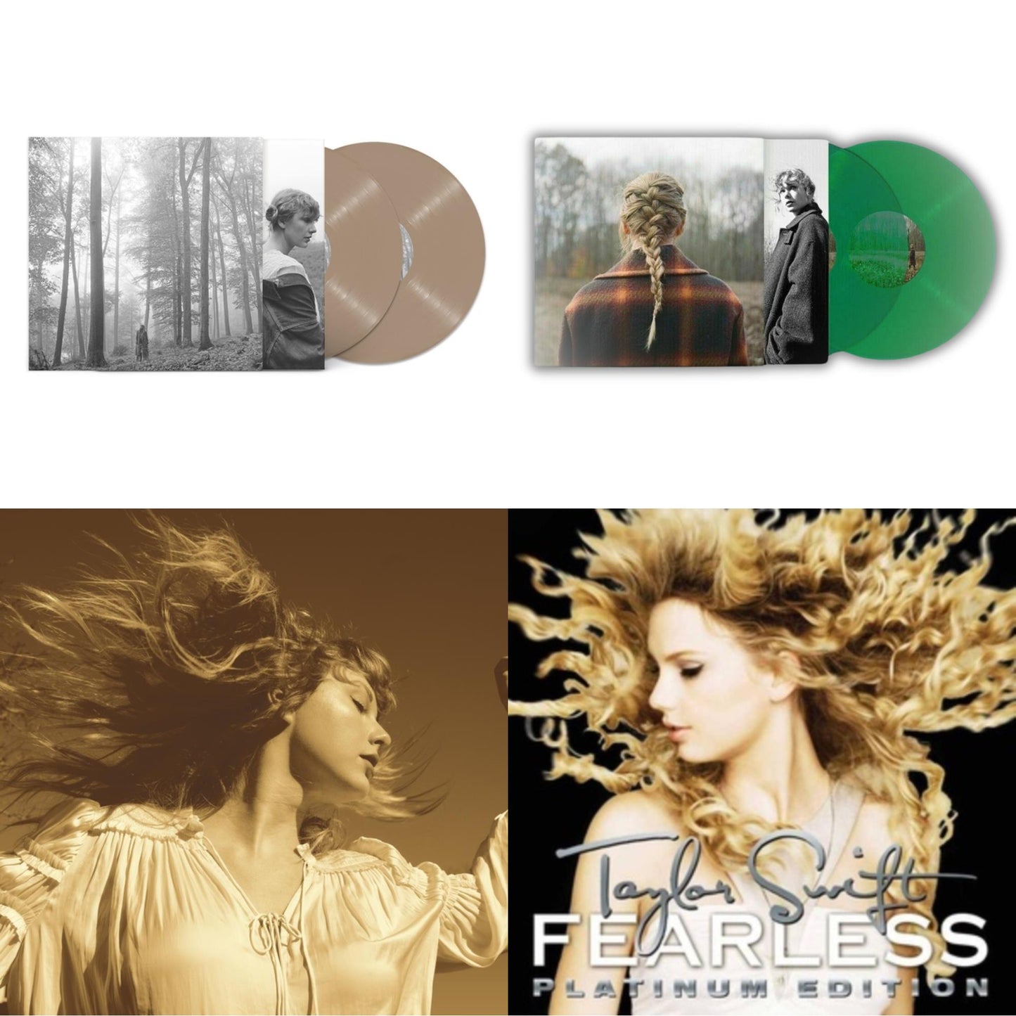 Taylor Swift - Folklore (X) (Beige Vinyl/2LP) & Taylor Swift - Evermore (Translucent Green Vinyl/2LP) & Fearless (Taylor's Version) (Gold Vinyl/3LP) & Fearless Platinum Edition