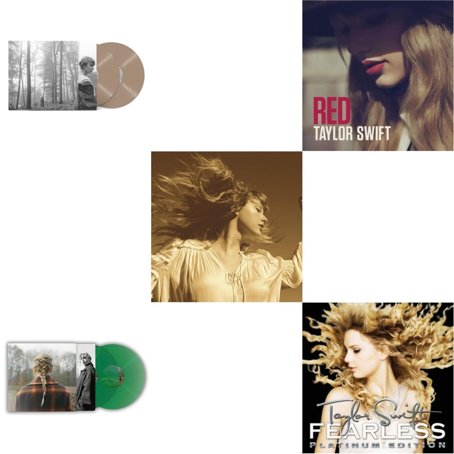 Taylor Swift - Folklore (X) (Beige Vinyl/2LP) & Taylor Swift - Evermore (Translucent Green Vinyl/2LP) & Fearless (Taylor's Version) (Gold Vinyl/3LP) & Red & Fearless Platinum Edition