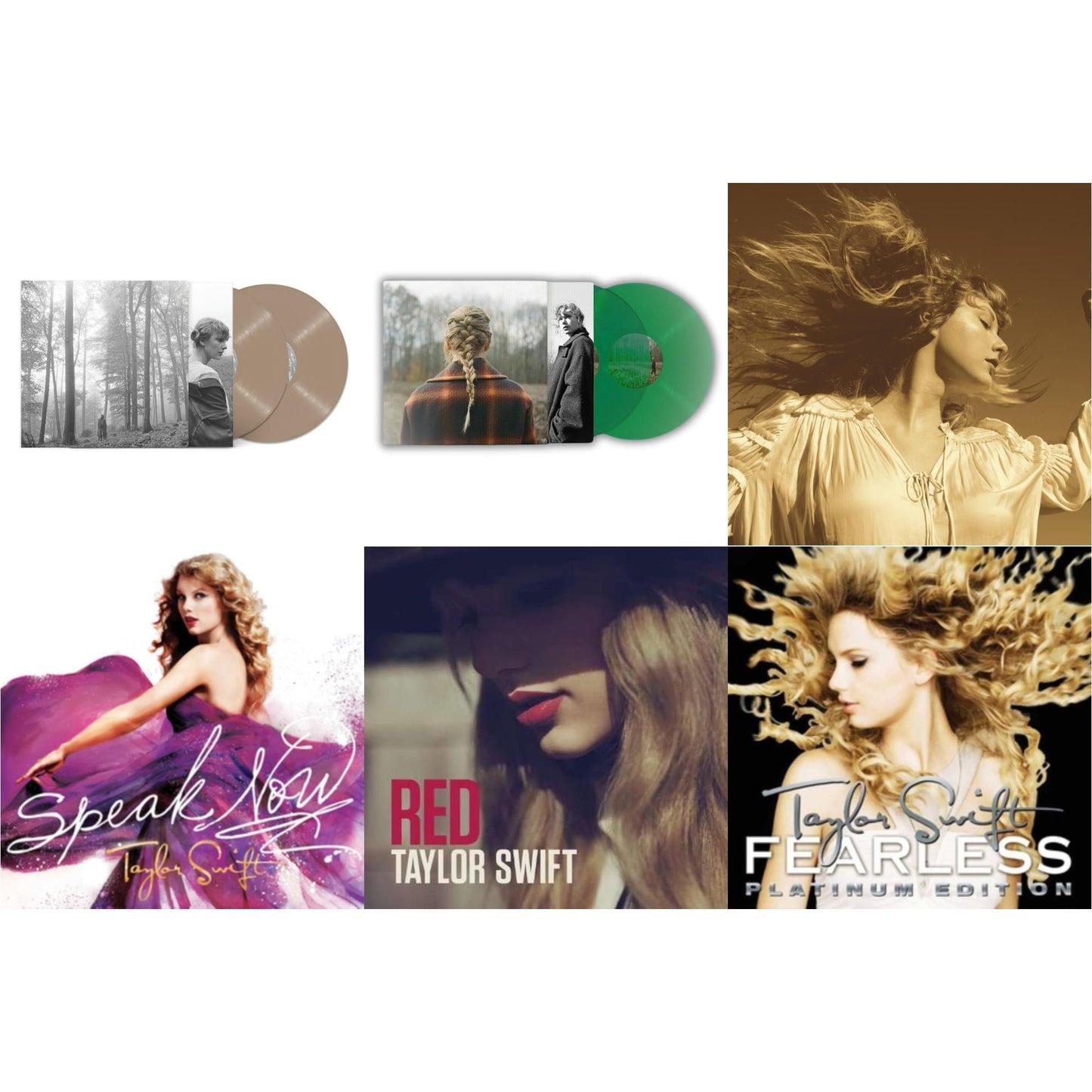 Taylor Swift - Folklore (X) (Beige Vinyl/2LP) & Taylor Swift - Evermore (Translucent Green Vinyl/2LP) & Fearless (Taylor's Version) (Gold Vinyl/3LP) & Speak Now & Red & Fearless Platinum Edition