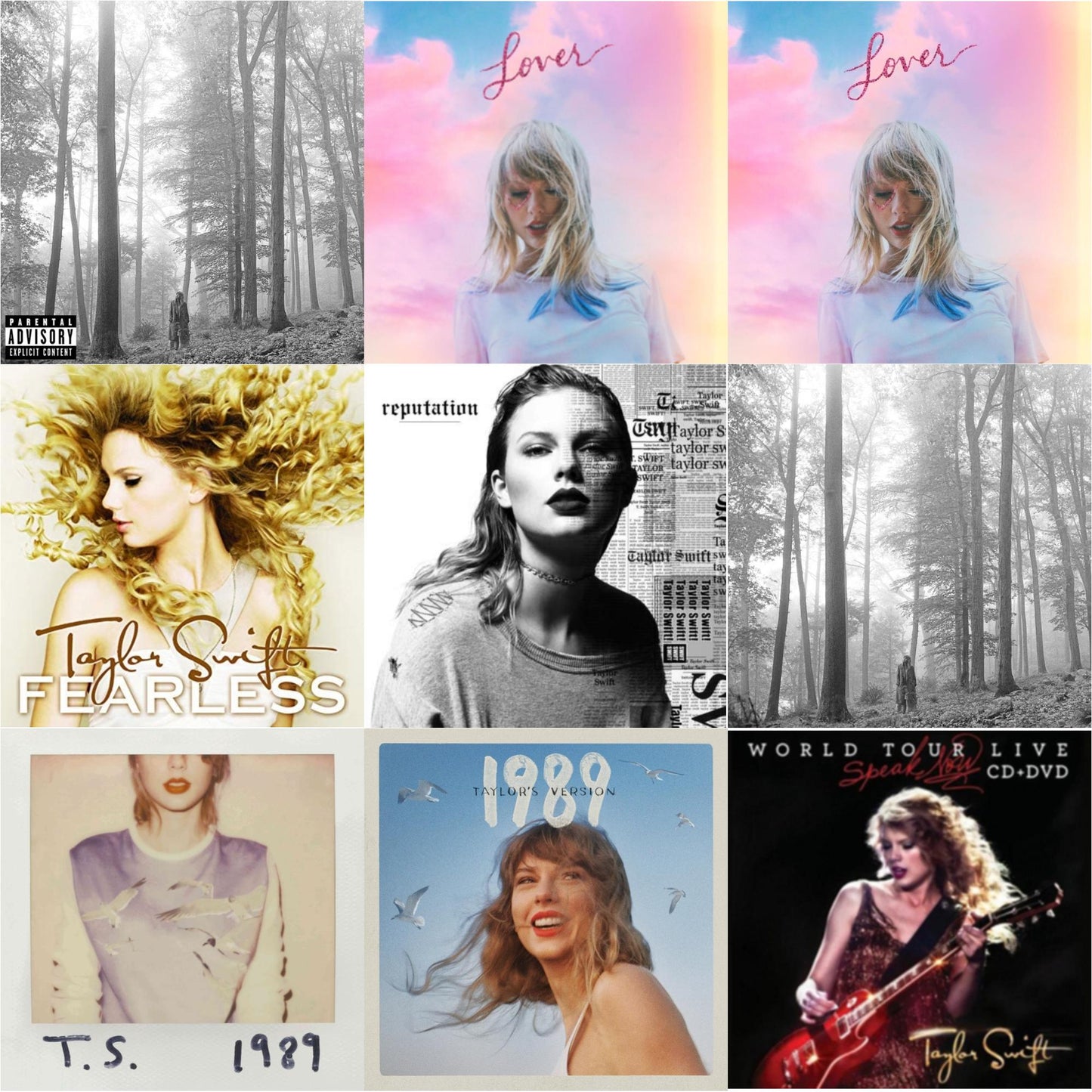 Taylor Swift - Folklore (Edited) & Folklore (X) & 1989 (Taylor's Version) & Speak Now World Tour Live (CD/DVD) & Lover (Deluxe) (Version 2) & Lover & Fearless & 1989 & Reputation