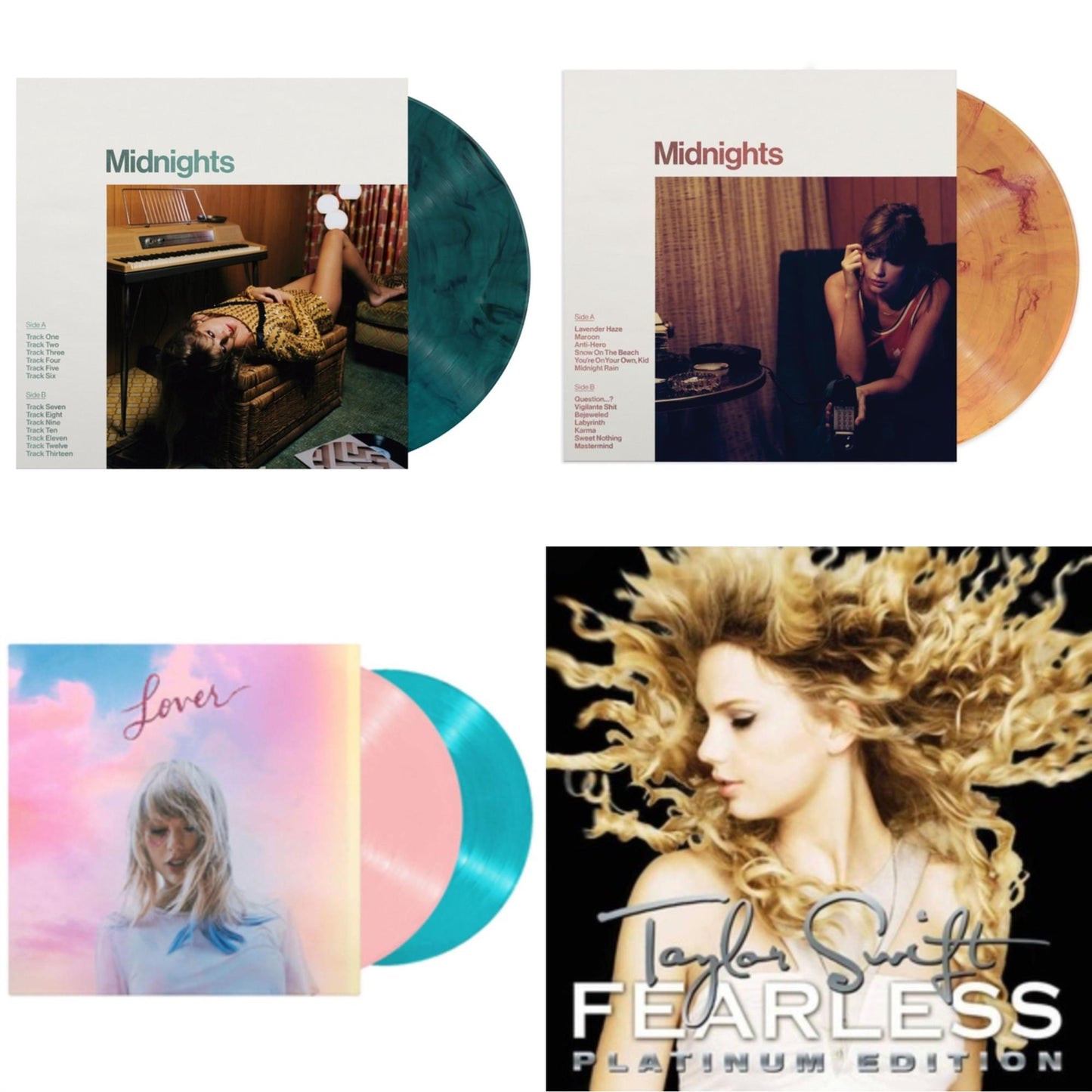 Taylor Swift - Midnights (X) (Jade Green LP Vinyl) & Midnights (X) (Blood Moon LP Vinyl) & Lover & Fearless Platinum Edition