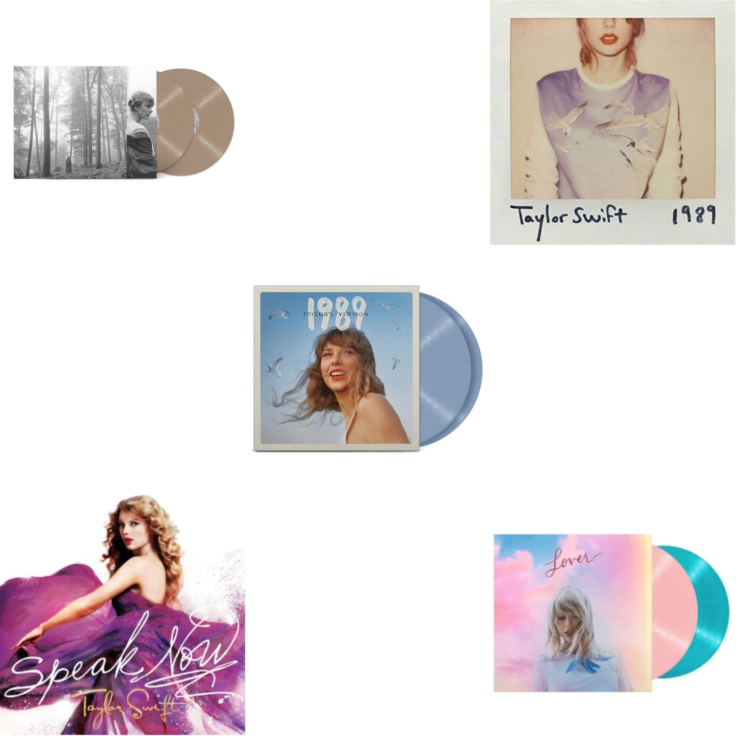 Taylor Swift - Folklore (X) (Beige Vinyl/2LP) & 1989 (Taylor's Version) (2LP/Crystal Skies Blue Vinyl) & Lover & 1989 & Speak Now