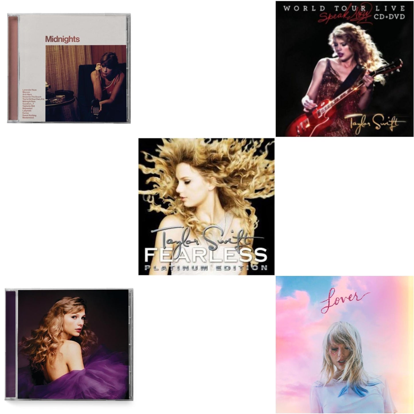 Taylor Swift - Midnights (X) (Blood Moon CD) & Speak Now (Taylor's Version) (2CD) & Fearless & Speak Now World Tour Live (CD/DVD) & Lover (Deluxe) (Version 1)