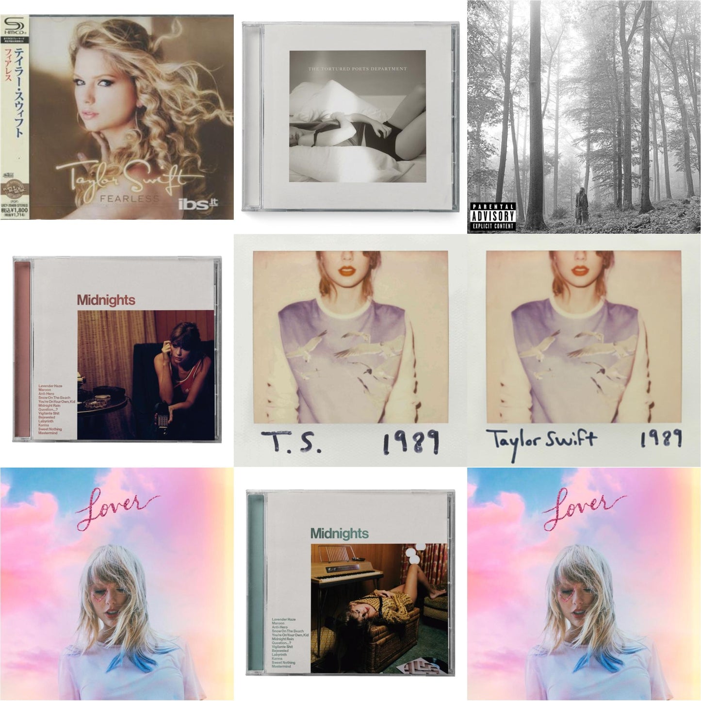 Taylor Swift - Fearless & Tortured Poets Department (X) (Manuscript- Bonus Track) & Folklore (X) & Midnights (X) (Blood Moon CD) & 1989 & 1989 & Lover (Deluxe) (Version 2) & Midnights (X) (Jade Green CD) & Lover (Deluxe) (Version 1)
