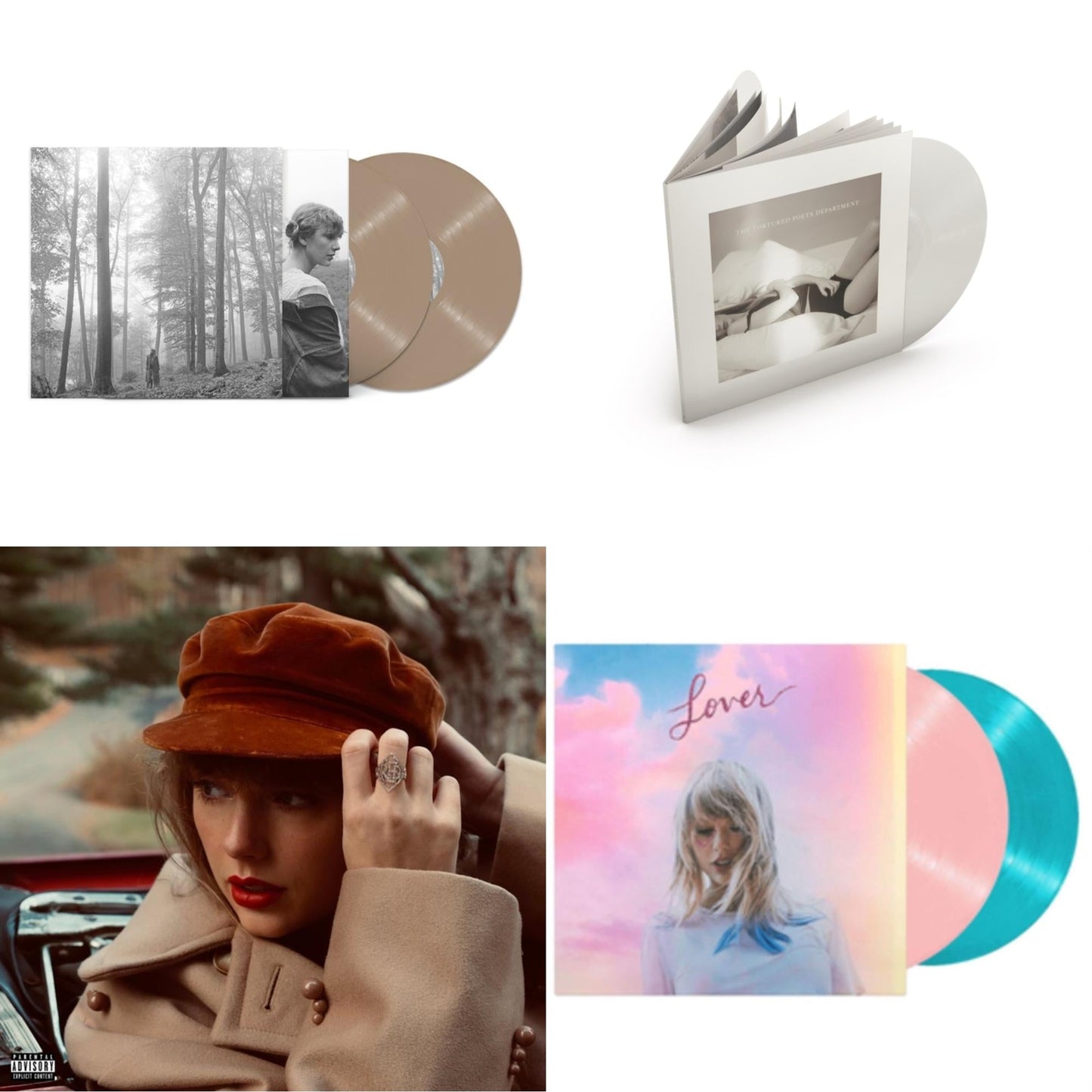 Taylor Swift - Folklore (X) (Beige Vinyl/2LP) & Red (Taylor's Version) (4LP) & Tortured Poets Department (X) (Ghosted White Vinyl/2LP/Manuscript- Bonus Track) & Lover