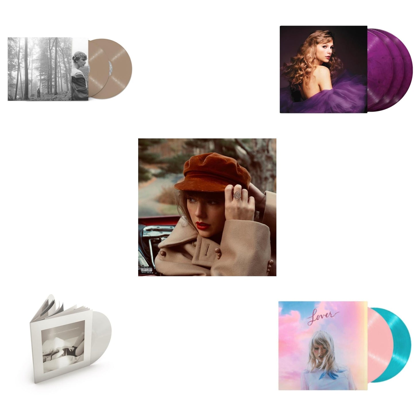 Taylor Swift - Folklore (X) (Beige Vinyl/2LP) & Red (Taylor's Version) (4LP) & Speak Now (Taylor's Version) (Orchid Marbled Vinyl/3LP) & Tortured Poets Department (X) (Ghosted White Vinyl/2LP/Manuscript- Bonus Track) & Lover