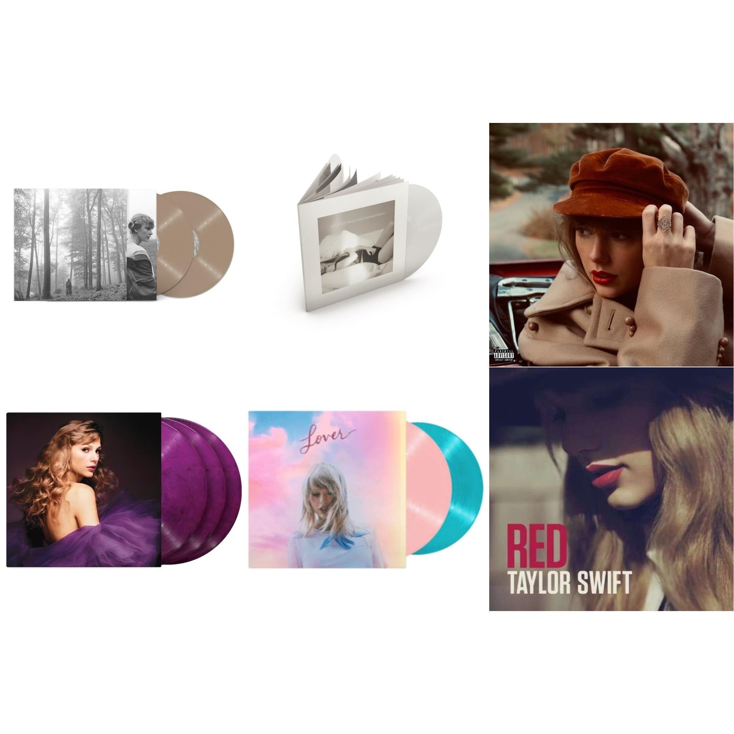 Taylor Swift - Folklore (X) (Beige Vinyl/2LP) & Red (Taylor's Version) (4LP) & Speak Now (Taylor's Version) (Orchid Marbled Vinyl/3LP) & Tortured Poets Department (X) (Ghosted White Vinyl/2LP/Manuscript- Bonus Track) & Lover & Red