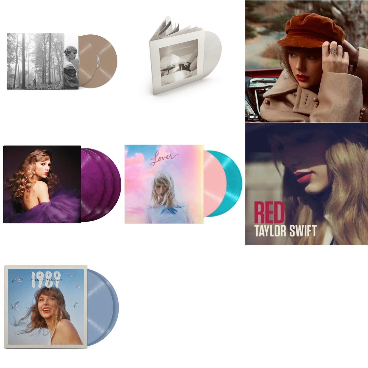 Taylor Swift - Folklore (X) (Beige Vinyl/2LP) & Red (Taylor's Version) (4LP) & Speak Now (Taylor's Version) (Orchid Marbled Vinyl/3LP) & 1989 (Taylor's Version) (2LP/Crystal Skies Blue Vinyl) & Tortured Poets Department (X) (Ghosted White
