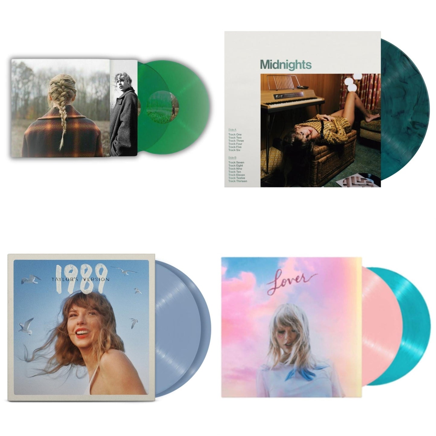 Taylor Swift - Taylor Swift - Evermore (Translucent Green Vinyl/2LP) & Midnights (X) (Jade Green LP Vinyl) & 1989 (Taylor's Version) (2LP/Crystal Skies Blue Vinyl) & Lover