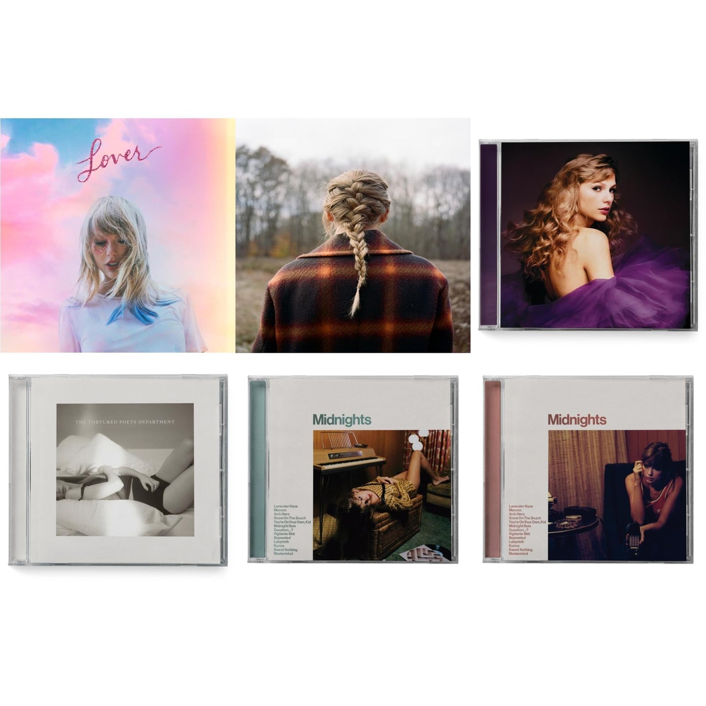 Taylor Swift - Evermore (X) & Midnights (X) (Jade Green CD) & Midnights (X) (Blood Moon CD) & Speak Now (Taylor's Version) (2CD) & Tortured Poets Department (X) (Manuscript- Bonus Track) & Lover (Deluxe) (Version 1)