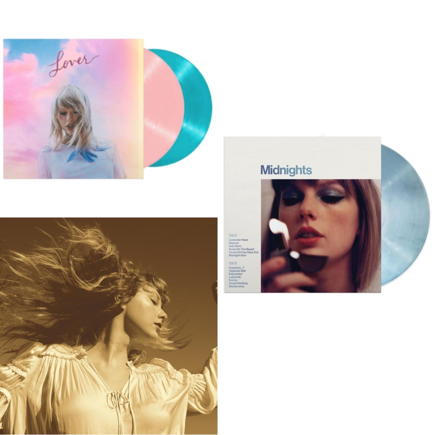 Taylor Swift - Fearless (Taylor's Version) (Gold Vinyl/3LP) & Midnights (X) (Moonstone Blue LP Vinyl) & Lover