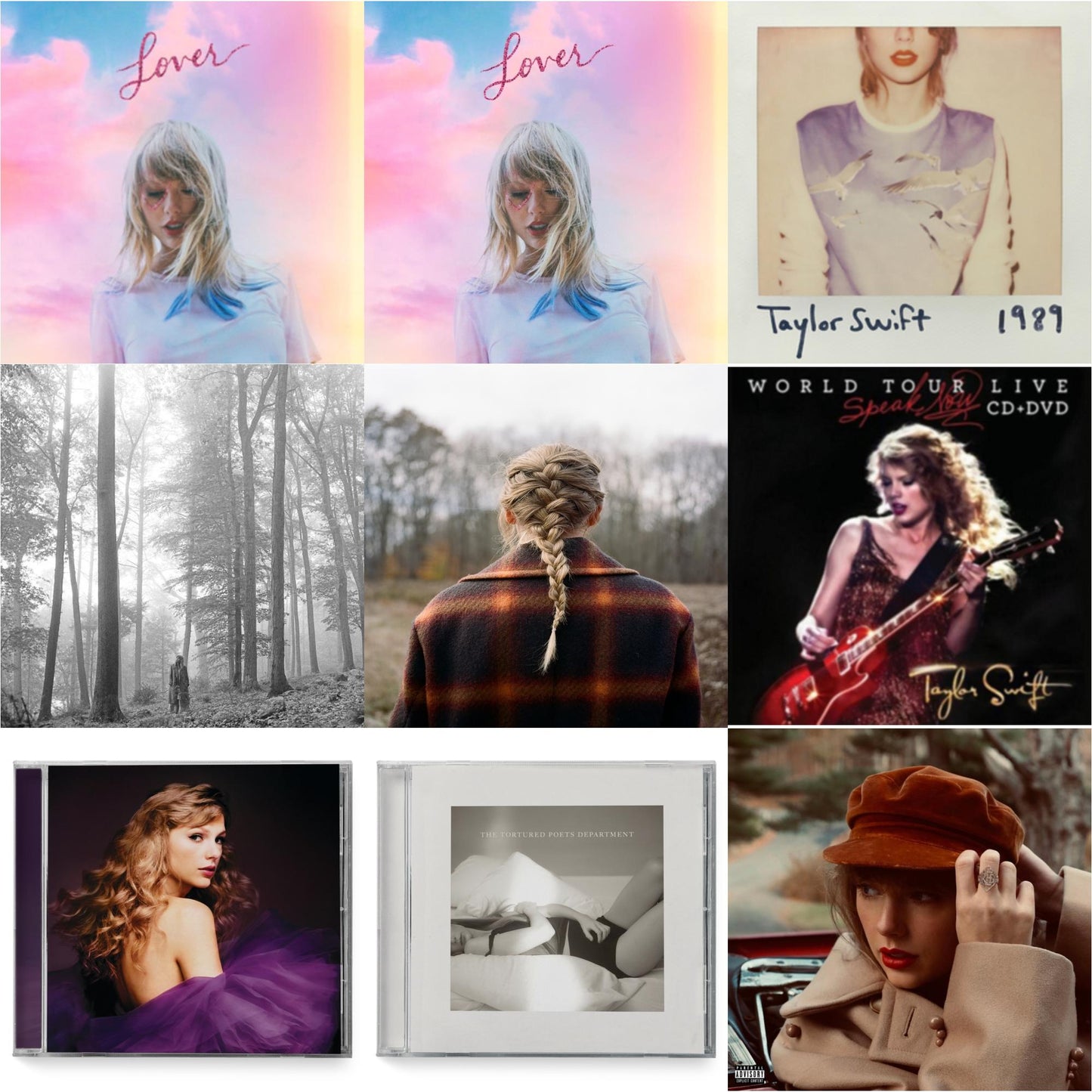 Taylor Swift - Folklore (Edited) & Evermore (X) & Red (Taylor's Version) (Edited) (2CD) & Speak Now (Taylor's Version) (2CD) & Tortured Poets Department (X) (Manuscript- Bonus Track) & Speak Now World Tour Live (CD/DVD) & 1989 & Lover (Deluxe)