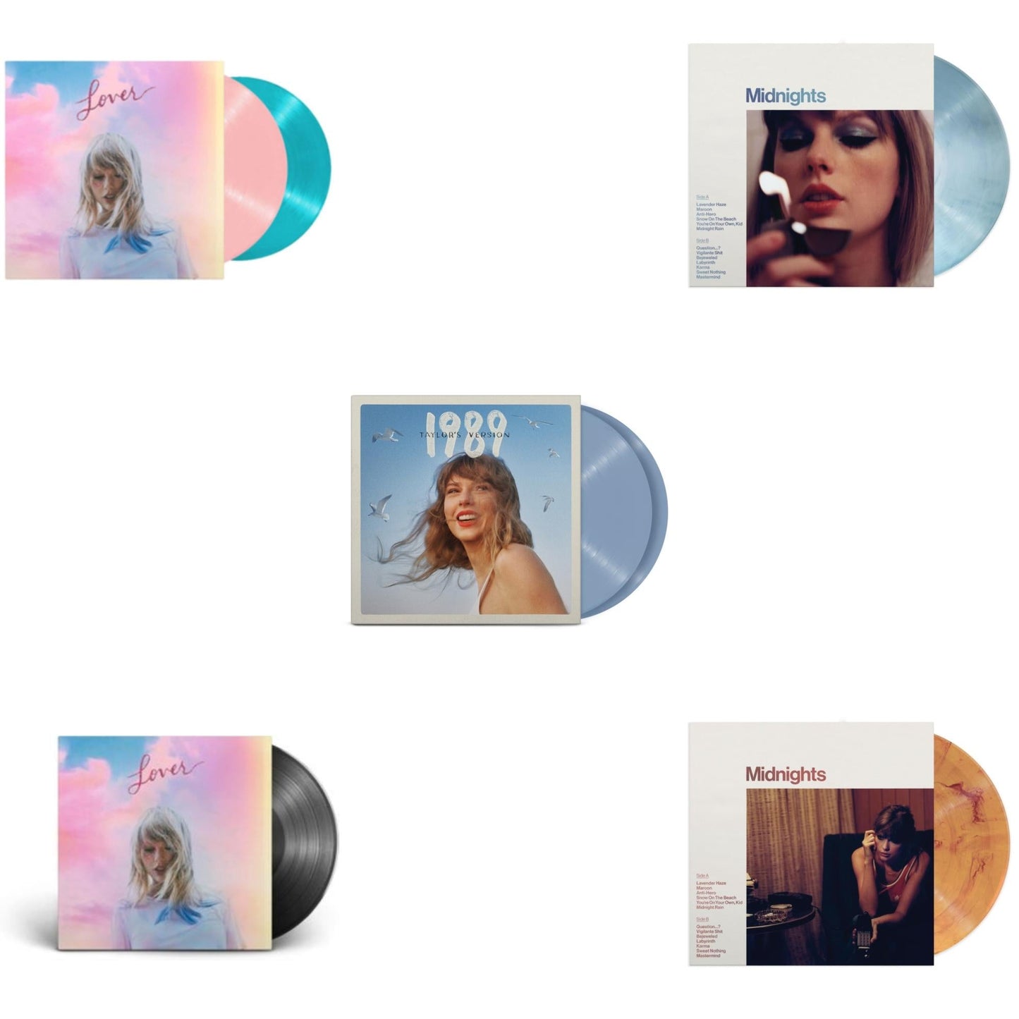 Taylor Swift - Midnights (X) (Moonstone Blue LP Vinyl) & Midnights (X) (Blood Moon LP Vinyl) & 1989 (Taylor's Version) (2LP/Crystal Skies Blue Vinyl) & Lover (2LP) & Lover